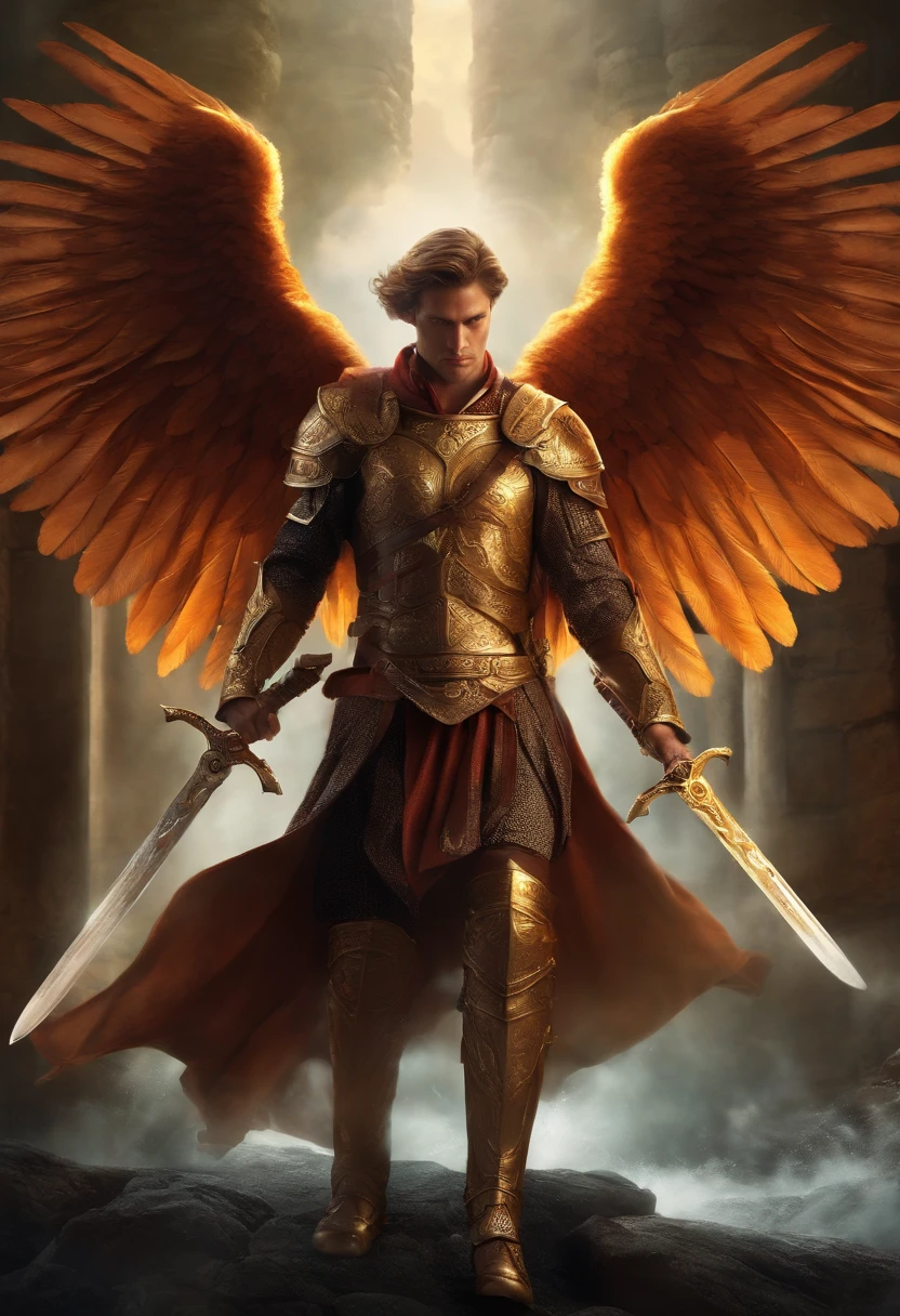 Masculine angelic warrior，With a sword and wings，Face forward