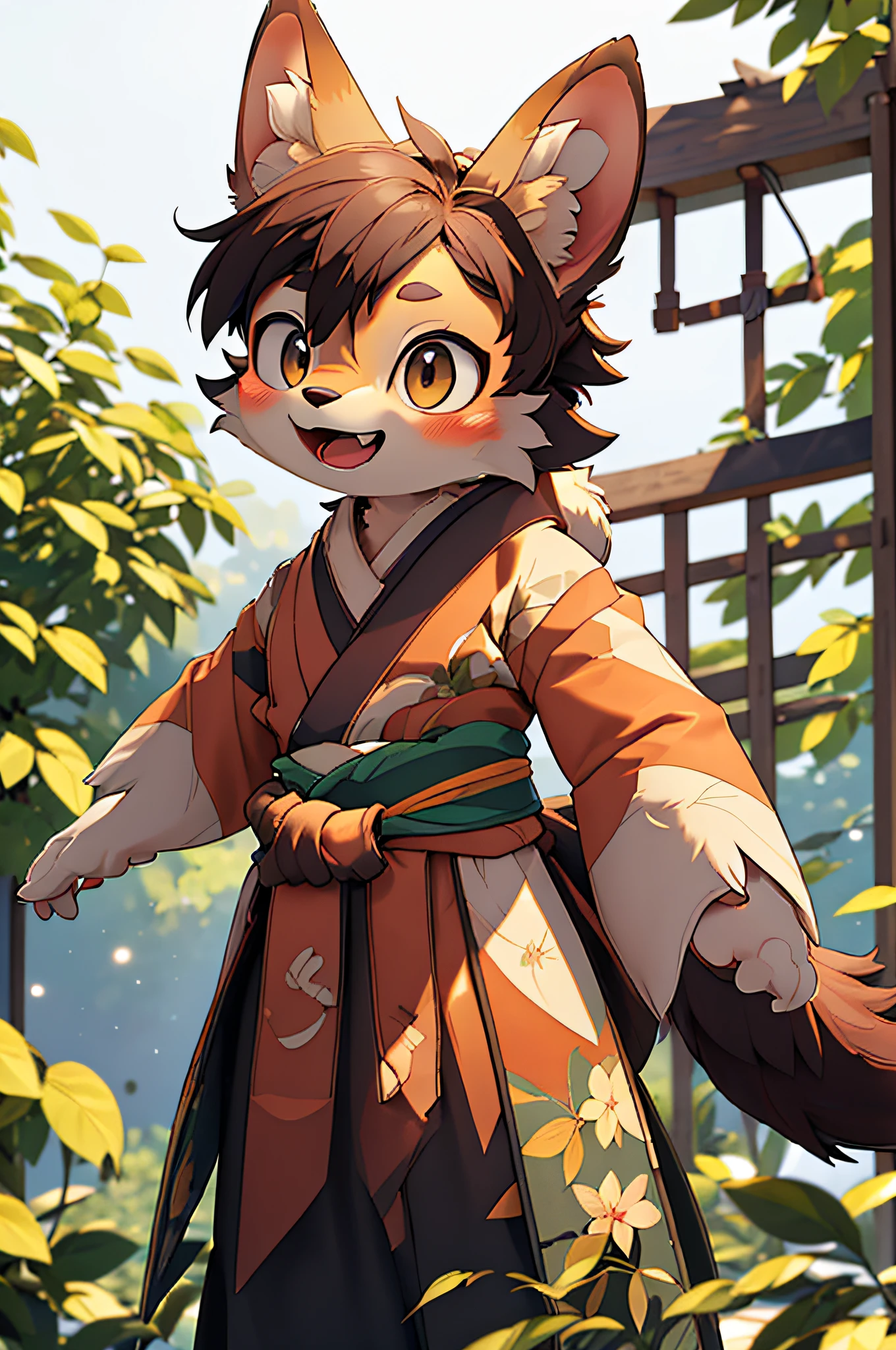 depth of field, perfect lighting, light particles,(best quality),(masterpiece),(ultra detailed),sharp focus,light particles, niji, eyesgod, blush, brown_eyes, looking_at_viewer, smile, solo, furry, animal_ear_fluff, open_clothes, arms behind back, upper body, tail, kimono, japanese clothes, sunlight, tree, open mouth, from below, arms behind back,
