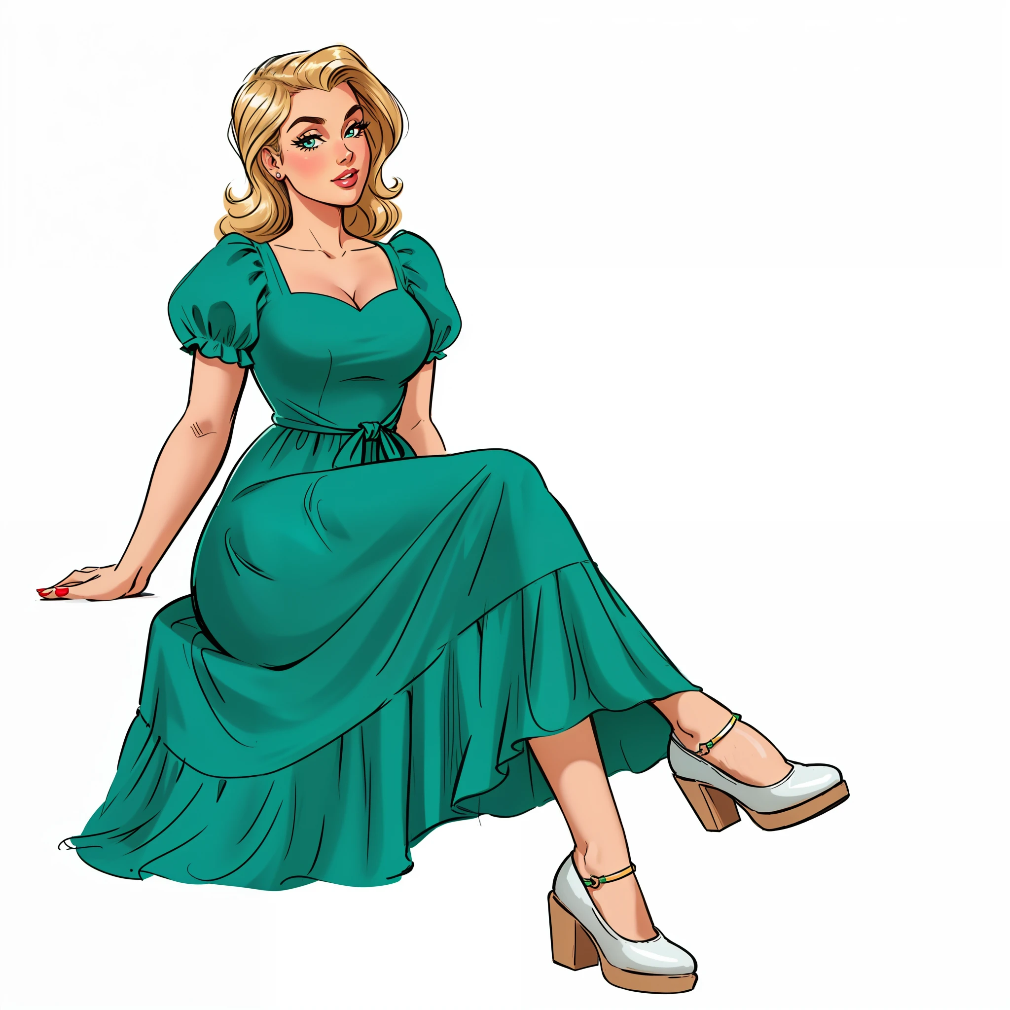um close up de uma mulher em um vestido verde sentado em uma cadeira, em um vestido, Comic Pinup style, menina, mulher no vestido, Pose de pinup, No estilo de arte de Bowater, figura feminina no maxi vestido, Cartoon style illustration, hd illustration, Wearing a flowing dress, retro pinup model, mulher nova em um vestido, woman is sitting