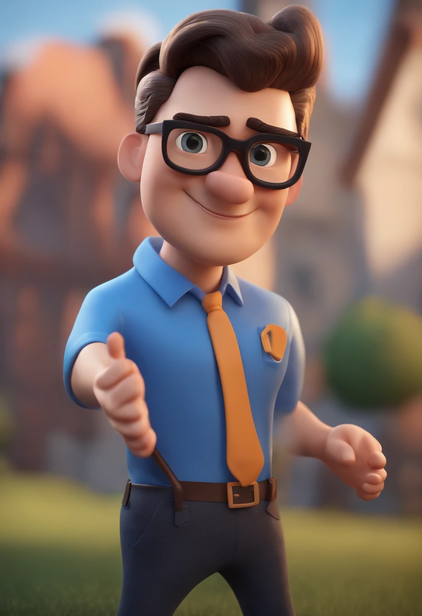Cartoon character of a man wearing black glasses and a blue shirt, um personagem animado, Caractere estilizado, animation style rendering, 3D estilizado, Arnold Maya render, 3 d render stylized, toon render keyshot, Personagem 3D, Personagem 3D, 3d rendering stylized, 3 d character render, personagem de desenho animado, Personagem de close up, Pose de personagem, (Estilo Pixar) (master part:1.2) (Bokeh) (best quality) (pele detalhada) (textura detalhada) (8k) (argila) (Cinematic lighting) (foco nítido，Senta e vaza a parte superior do corpo