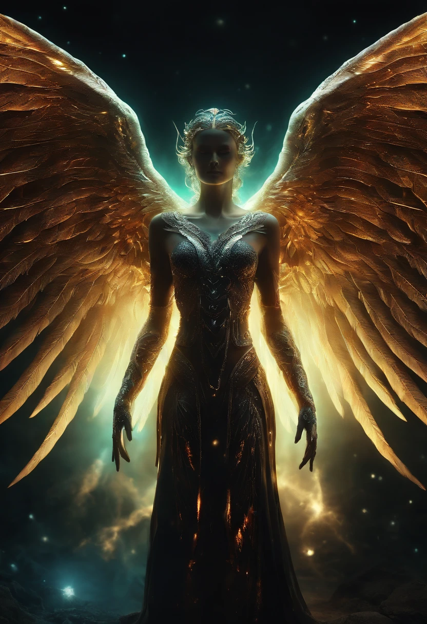 Cosmic Fallen Angel, glowing light eyes, Biomechanical, eerie, Creepy, nightmarish, Very bright colors, Light particles, with light glowing, Mshiv, wallpaper art, UHD wallpaper