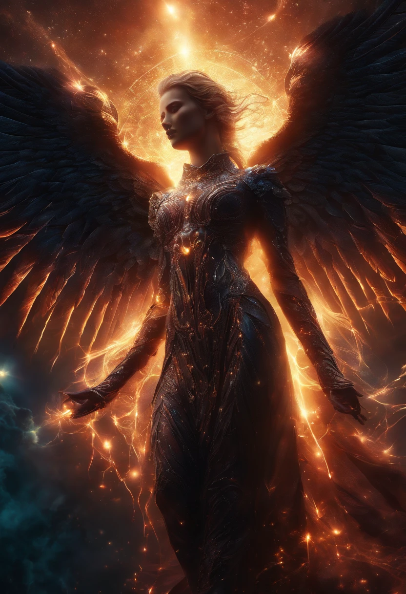 Cosmic Fallen Angel, glowing light eyes, Biomechanical, eerie, Creepy, nightmarish, Very bright colors, Light particles, with light glowing, Mshiv, wallpaper art, UHD wallpaper