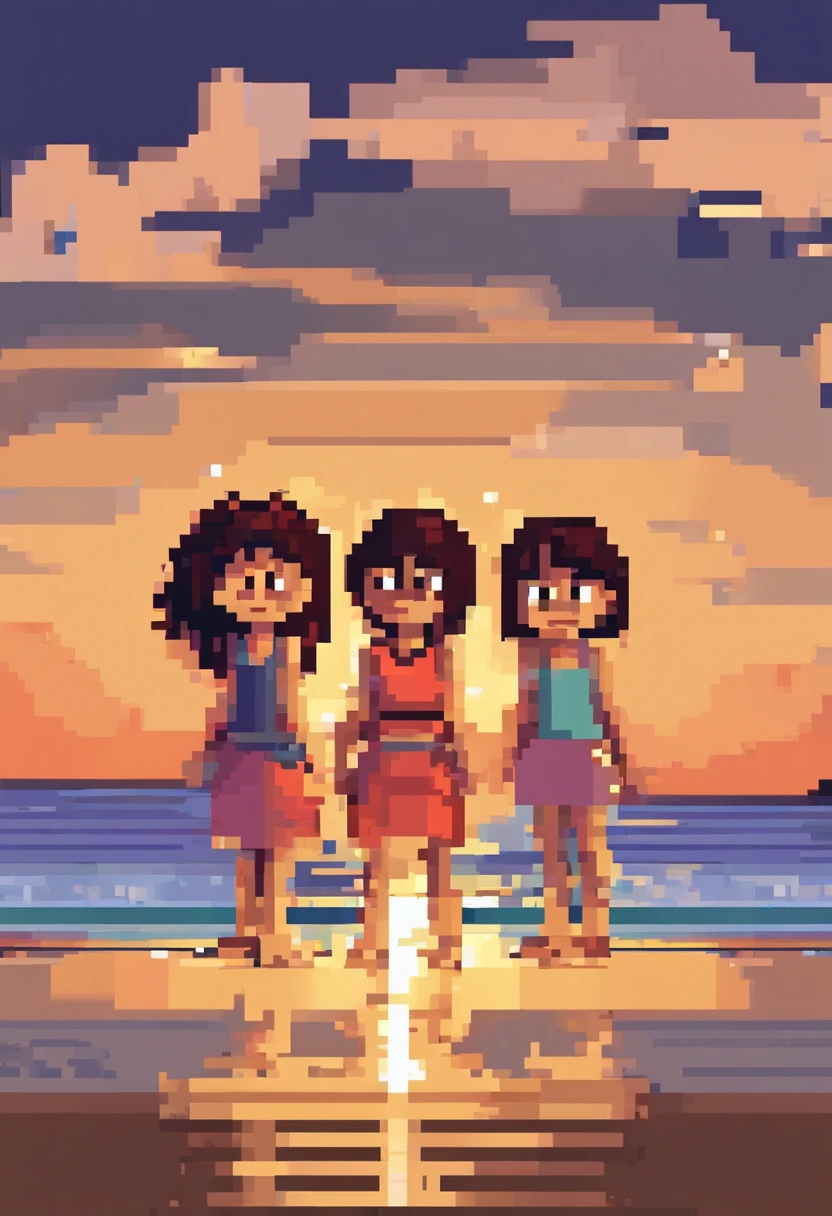 make a image of 3 happy girls 10 years-old (brown hair and brown eyes) dancing in a pixar style beach on a sun-set