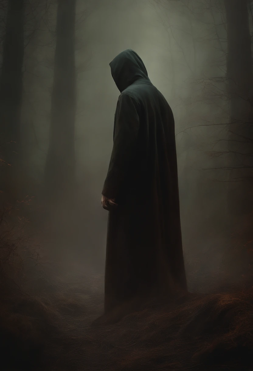 painting of a faceless man, horror, dark colors, creepy,epic scenes ,shock horror art, with elongated arms and legs