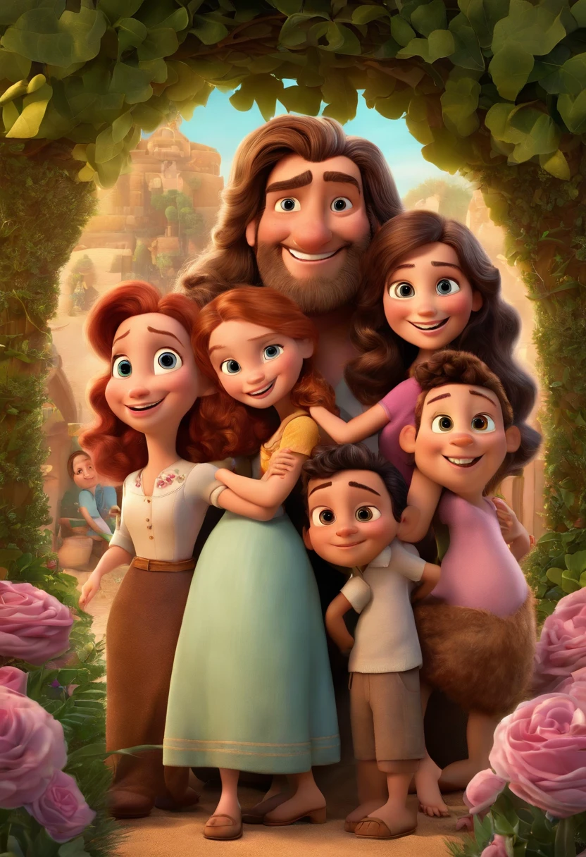 a Disney Pixar movie poster showing a white-skinned family. The father is the tallest, grande porte, Tem barba preta e comprida, moreno, cabelos careca. The mother has dark brown eyes and hair, shoulder-length and is slightly overweight. A tem 7 anos e cabelos castanhos, roupa rosa e rabos de cavalo. The background is a beach garden. 3D-rendering