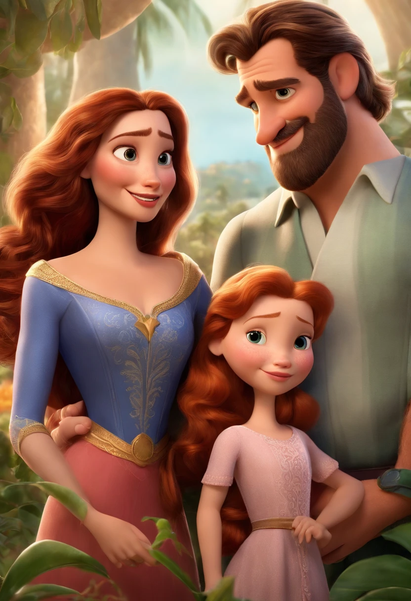 a Disney Pixar movie poster showing a white-skinned family. The father is the tallest, grande porte, Tem barba preta e comprida, moreno, cabelos careca. The mother has dark brown eyes and hair, shoulder-length and is slightly overweight. A menina tem 7 anos e cabelos castanhos, roupa rosa e rabos de cavalo. The background is a beach garden. 3D-rendering