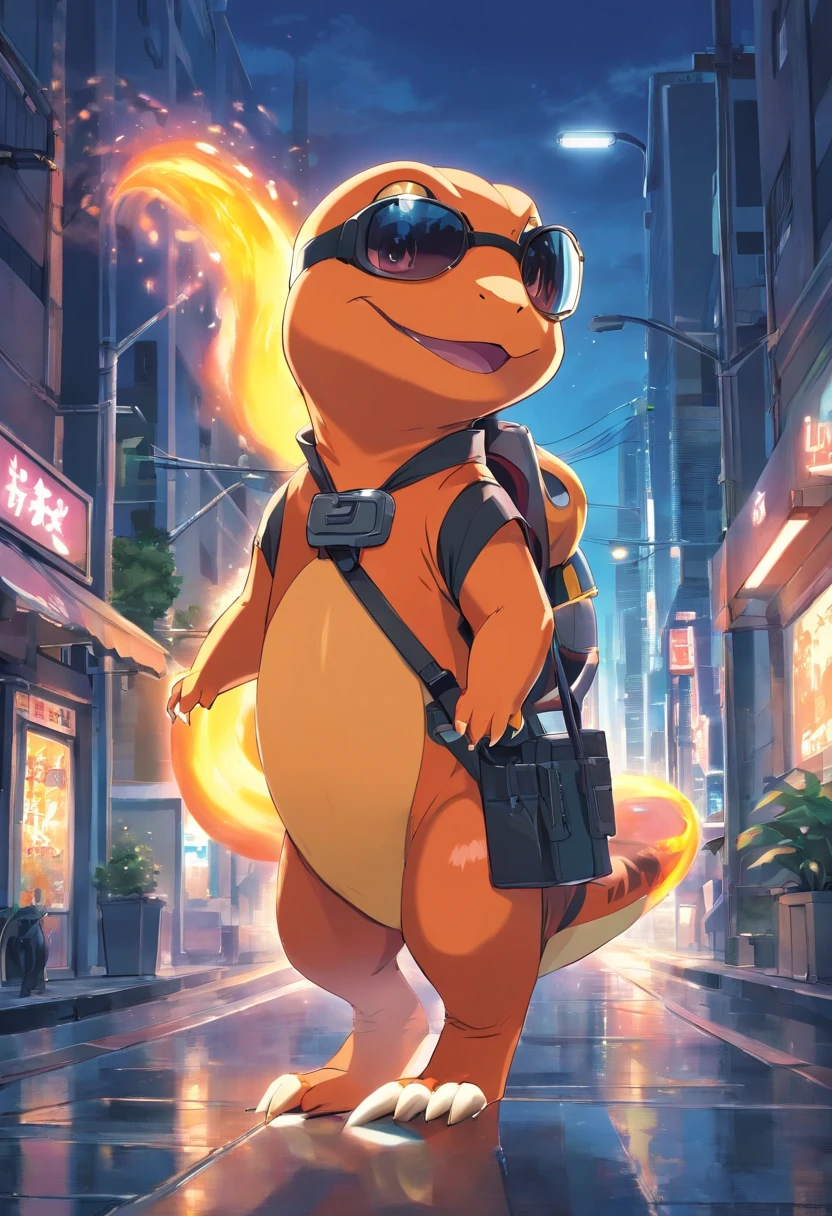 a highly detailed illustration of Pokémon Charmander wearing the iconic black spy suit and a pair of sunglasses, qualidade excepcional, dinamic pose, mischievous expression, urban night scenery, lighting dramatic, estilo de desenho hiper-realista