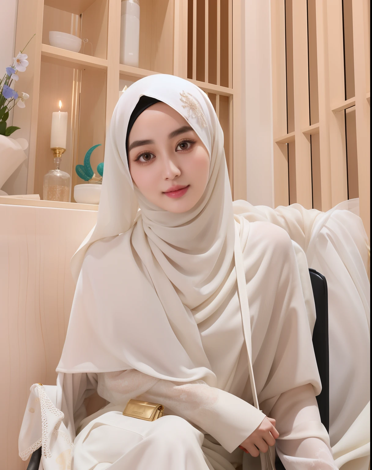 there is a woman persian face sitting on a chair with a purse, hijab, dilraba dilmurat, white hijab, zenra taliyah, handsome girl, with kind face, ruan cute vtuber, sakimi chan, with cute - fine - face, milky white skin, beautiful image, sakimichan, lovely woman, with lovely look