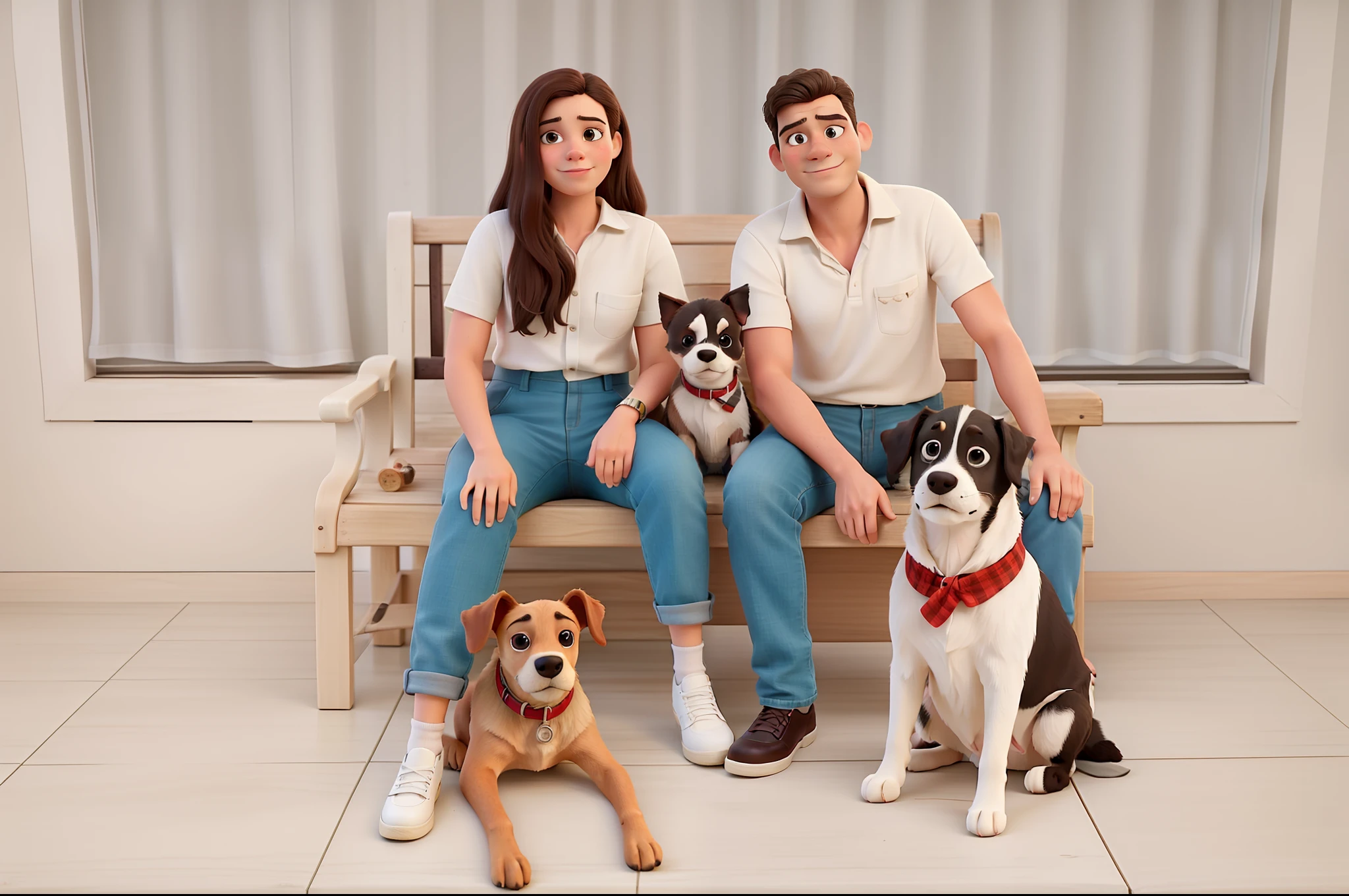 There are two people and two dogs sitting on a bench, retrato de casais, Directed by: Emma Andijewska, with dogs, family portrait, Pets, family photography, foto comercial, Directed by: Juliette Wytsman, Family photo, imagem de perfil, Directed by: Juan O'Gorman, product introduction photos, home fotografia retrato, Directed by: Nandor Soldier, Directed by: Gavin Hamilton