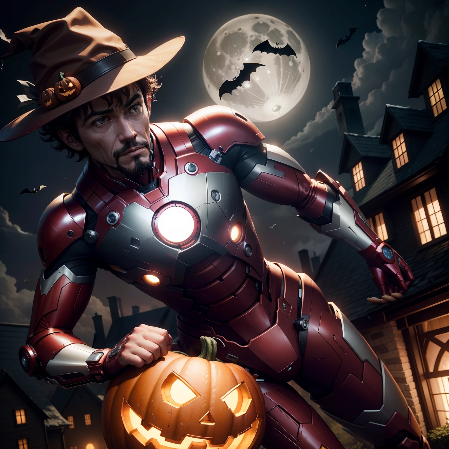 Ironman wears a Halloween hat..，（master-piece，bestquality：1.2），Best Lights，best shadows，Show background, . . . . . . . . . . . . . . .bat,full big moon,Old House,pumpkin,stylized 3d render
