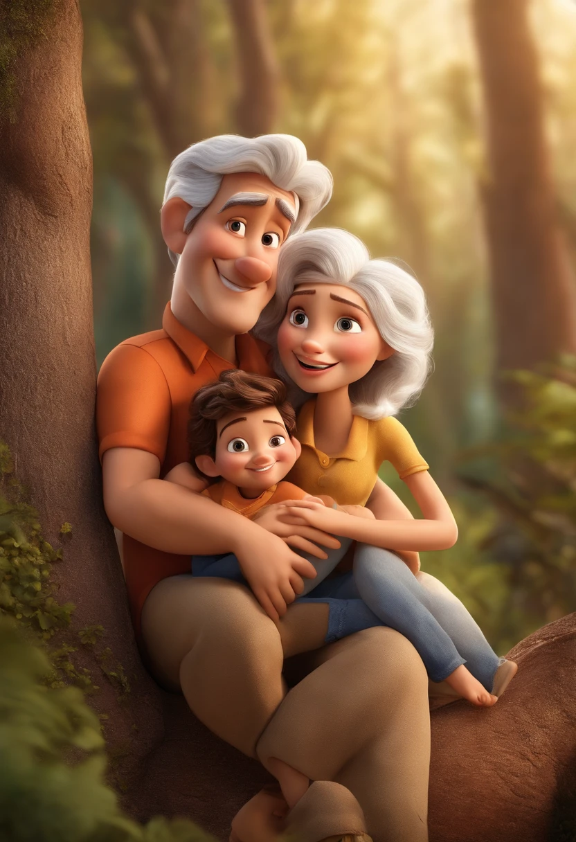 Create a Disney PIXAR-style 3D poster. ((centro da imagem, casal mulher loira homem branco cabelo castanho, 2 children, 1 boy and 1 girl, both blonde, age 12 years, Grandmother 68 years old with slightly gray hair.