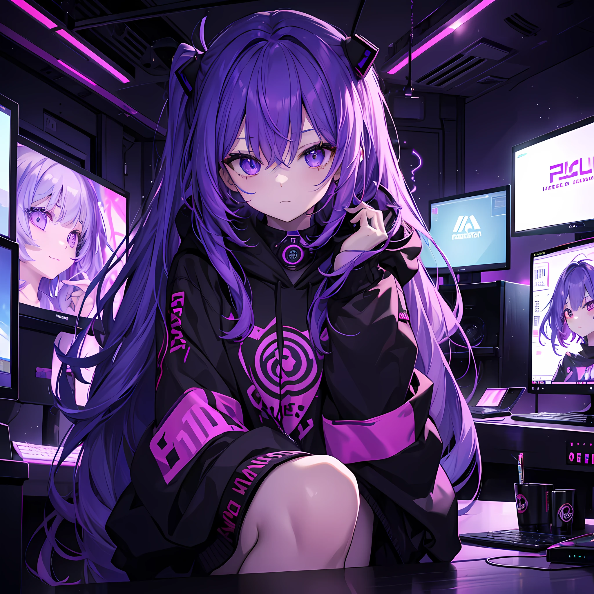 hiquality(1.4)、、Woman in a black hoodie、personal computers、Lots of monitors、Purple hair color、Red tattoo、Dark indoor、Purple light-up、A box of cigarettes placed on the table