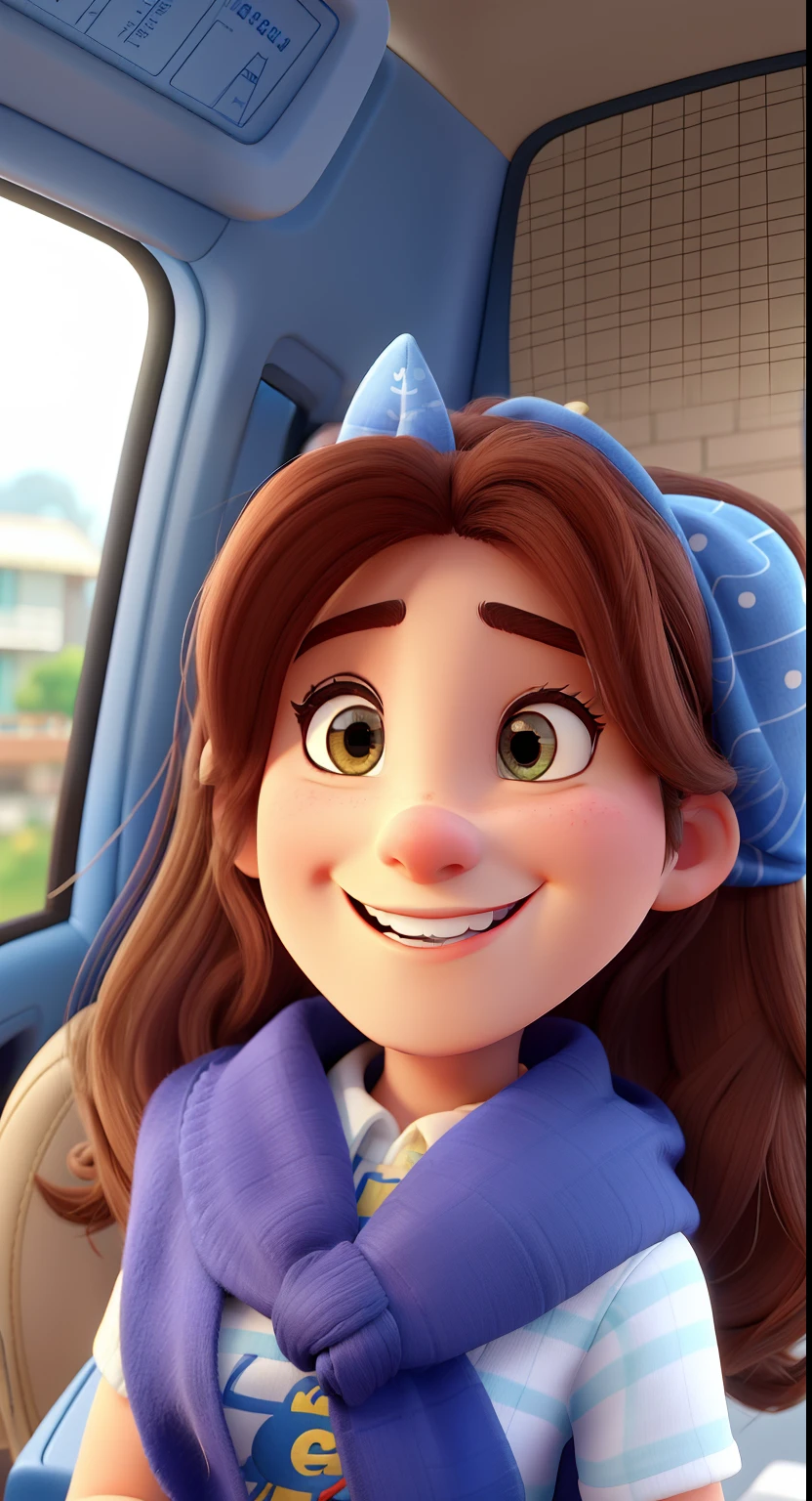 Mulher sorridente com cabelo castanho. Tem olhos grandes castanhos. The nose is wide and sharp. tem os dentes direitos e brancos. You're smiling. Usa brincos, A blue scarf with a pattern. Tem uma cara arredondada. She's sitting in the seat of a car. Parece uma princesa da disney. You can see the car seat in the background