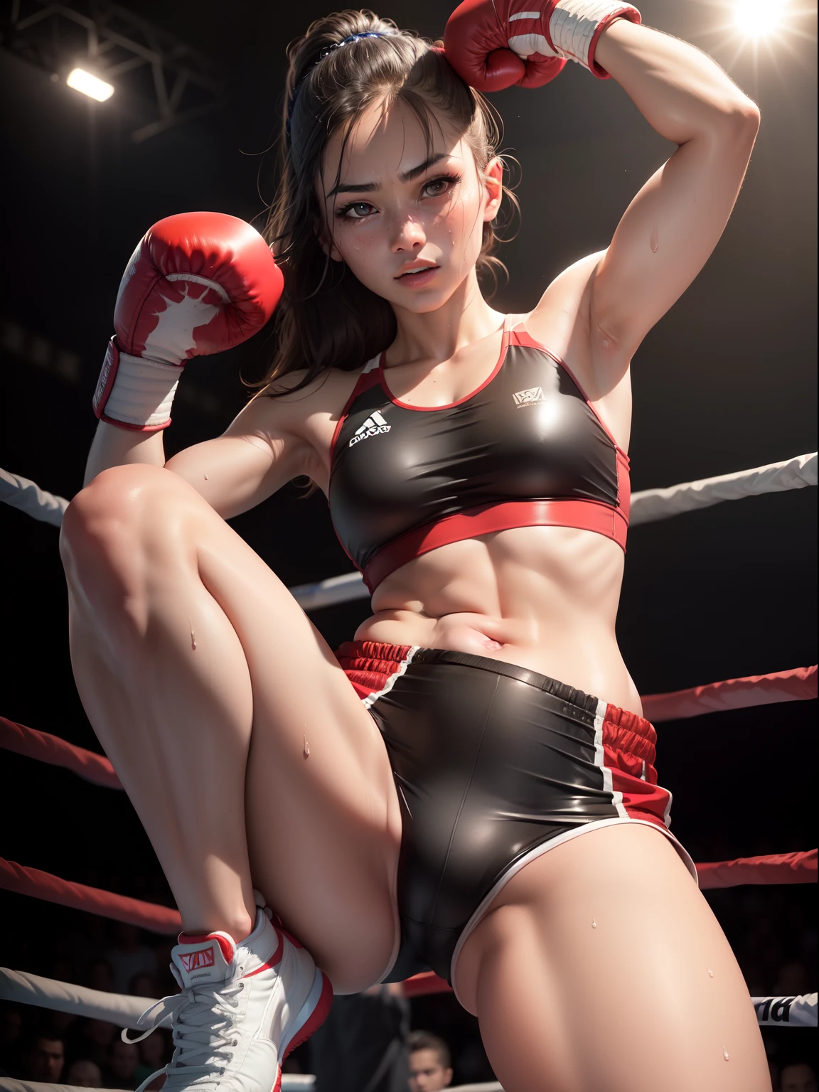 Best Quality, masutepiece,  High resolution, (Photorealistic:1.4), Raw photo, 1 beautiful girl ,Dynamic Angle,Female boxer ,small head, nice legs,Glowing skin, Sweat,At the boxing venue,(Detailed beautiful face:1.4),detailed skins,Detailed eyes,detailed hairs,Punch straight,cool girl,smart,