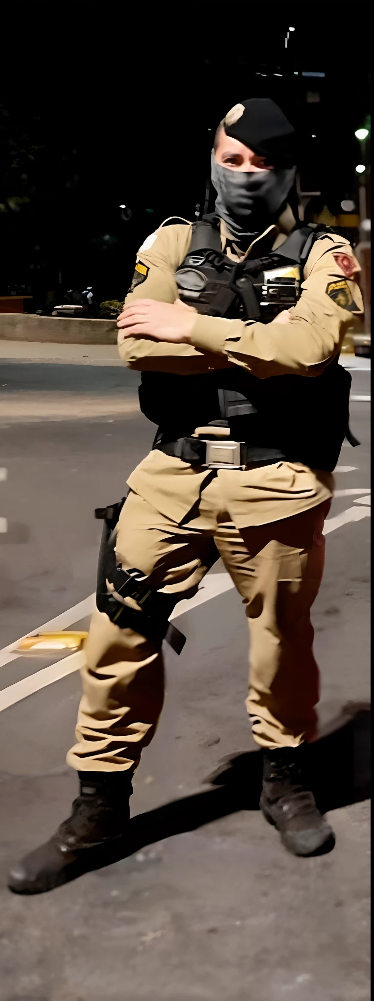 There's a man in a mask and uniform standing in the street, corpo inteiro desgastado capa danificada, man is carrying a rifle, Secret Military Pants, policial atingido, corpo inteiro desgastado capa rasgada, policial, tactical vests and holsters, military police, portando um fuzil, Holding arms in holsters, armado com armas de ponta, police uniform