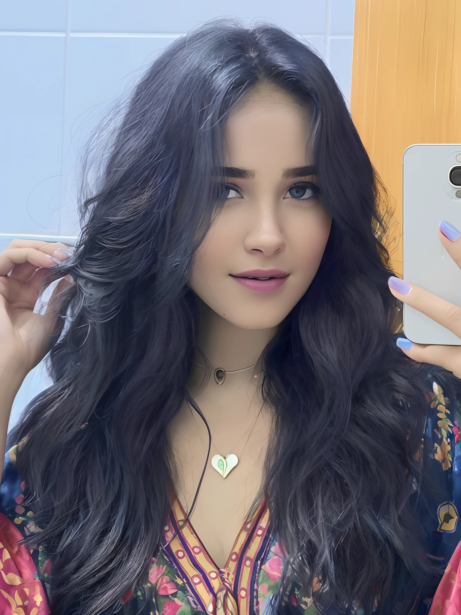 pixarstyle um retrato na altura de selfie de uma jovem morena , cabelo longo, com olhos e cabelos preto usando um vestido estampado com tons terrosos e azul escuro, sorriso de boca fechada, selfie no espelho, textura natural da pele, texturas 4k, hdr, intrincado, altamente detalhado, foco nítido, cinematic visual, hiperdetalhado