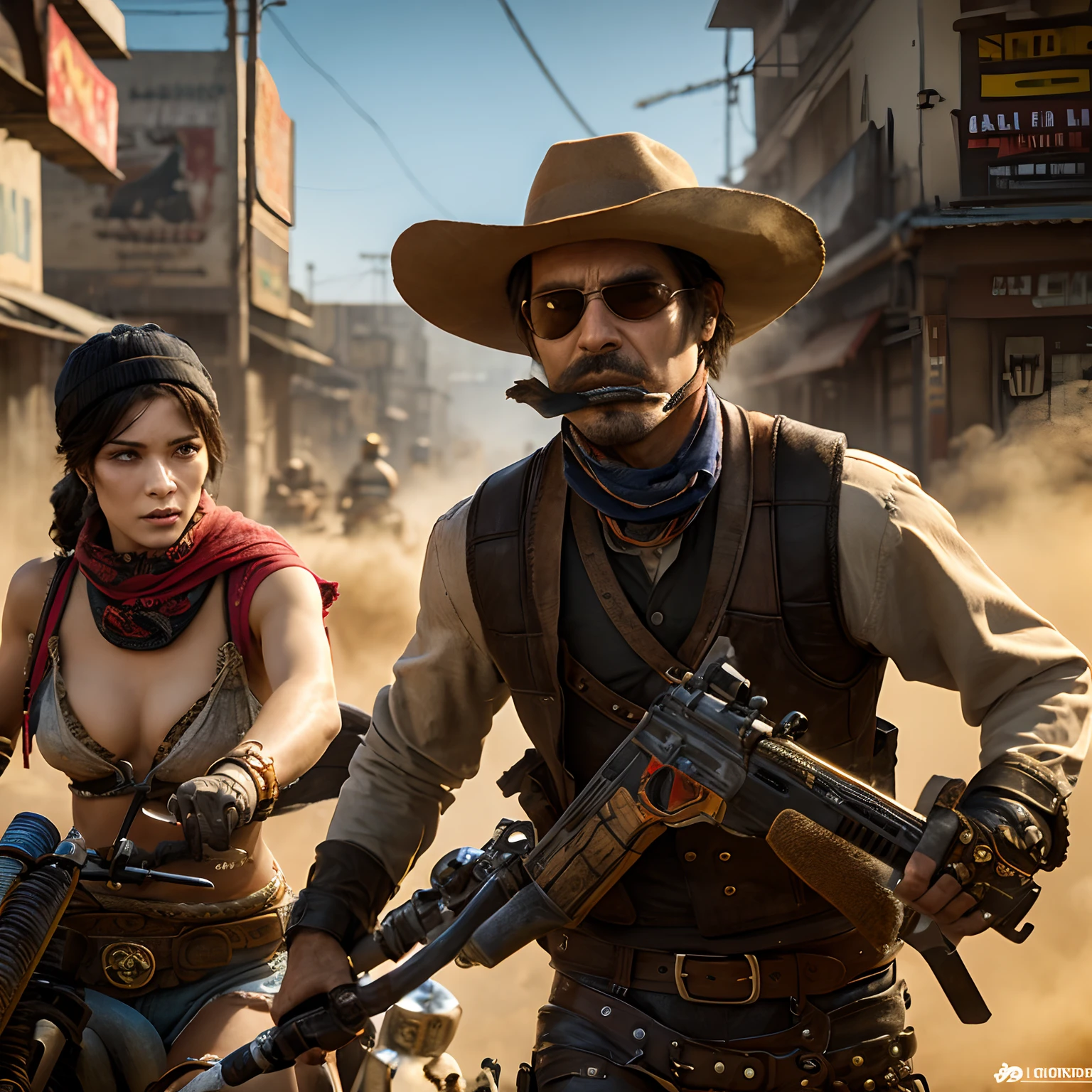 Man with bandit bandana and woman with bandit bandana on face,Coming out of the smokescreen of the city streets,Wild west,Villain,Smoke,Dust,The artwork,。.3D,4K,Detailed,Realistic
