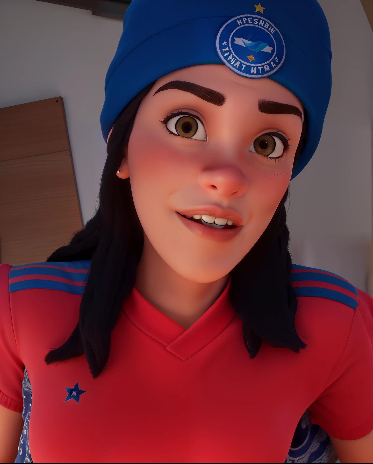 Obra-prima, de melhor qualidade, uma mulher de touca azul, vestindo uma camisa rosa do Cruzeiro, time brasileiro.