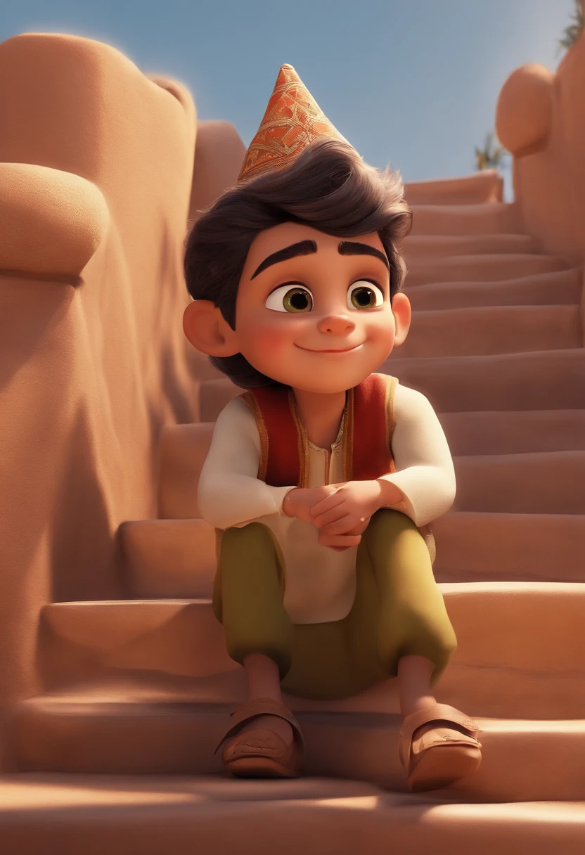 Image of a boy for a story in a YouTube video in Pixar format, He's the little allabester, He's the class leader, He's outgoing, Playful and gets up for a lot of things, roupa de sheik, olhos cor mel, arabic, moreno claro