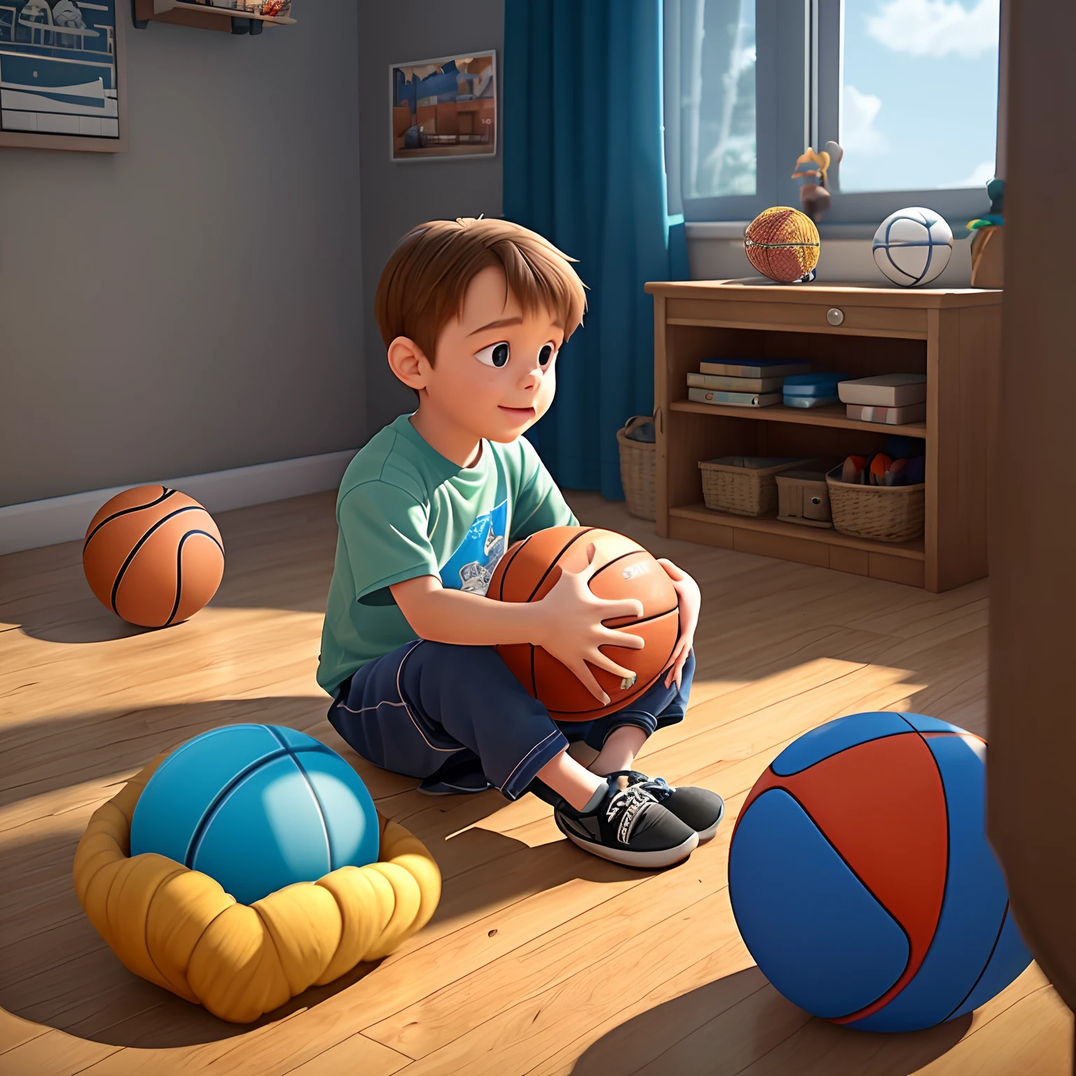 boy seen from the front sitting in the room, surrounded by many basketballs, Pixar style, 3D style, Disney style, 8k, cute