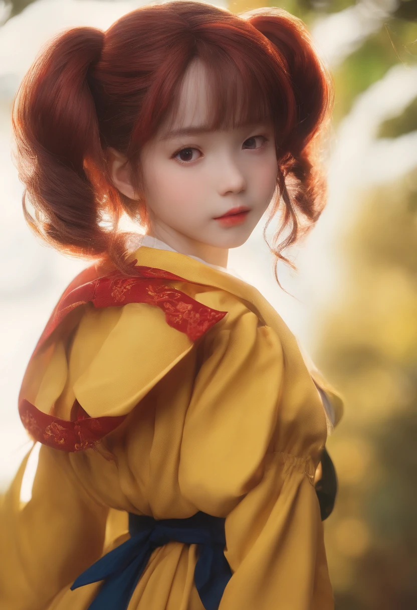 Mayumi, (vermelho_Alunos), amarelo_Hair, lado_pigtail, bicho_Ouvidos, master part, best quality, ultra-detalhado, sozinho, 1girl