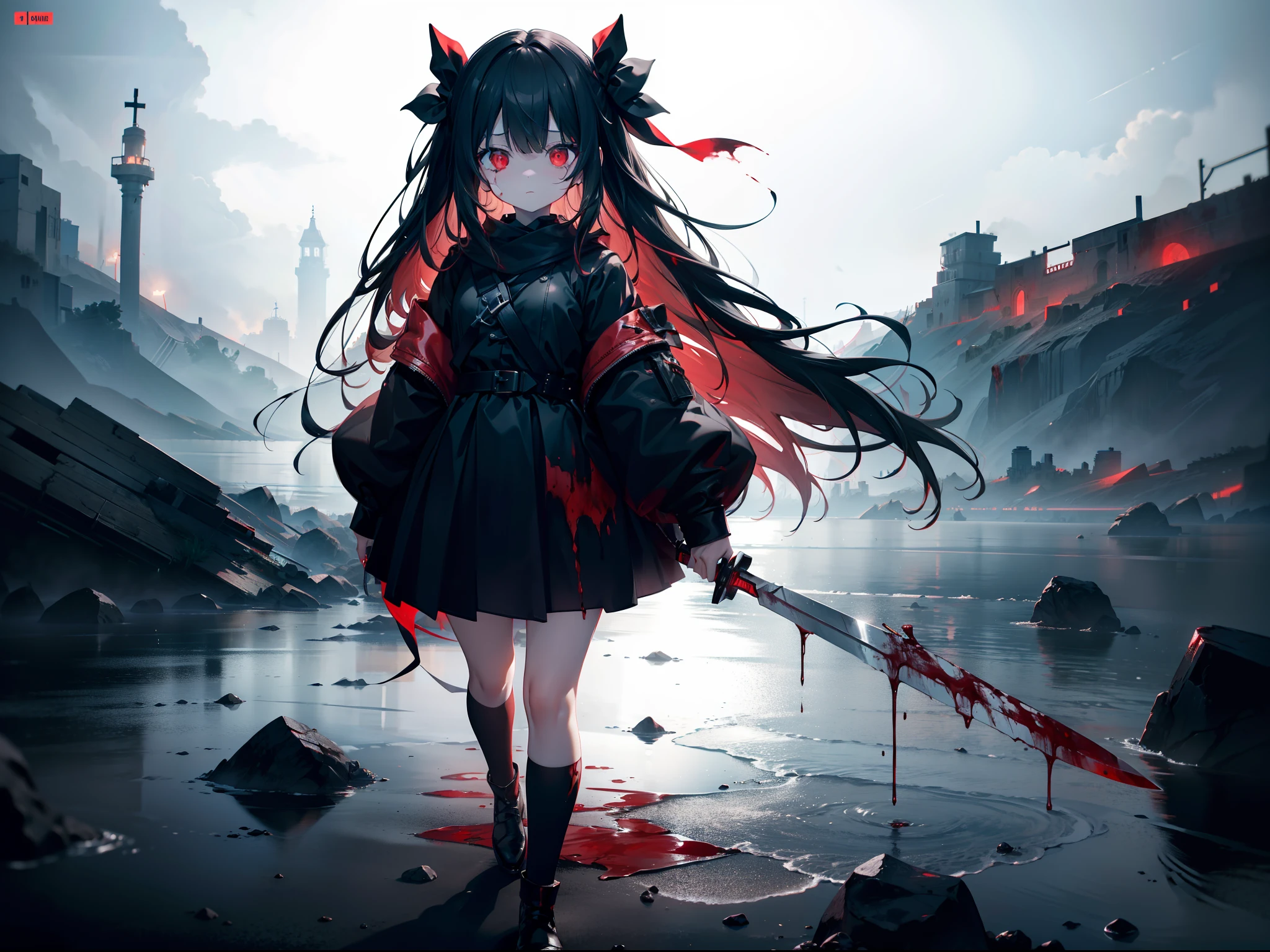 1 li girl ,holding bloody knife,standing skulls , (full body),(red lighting), cinematic lighting , cinematic angle,Dutch angle , ((blood sea)) ,(Faintly emerge from the darkness) , (rape face) ,black long straight hair, hair ribbon , red eyes,black dress, (glowing eyes), horror ,((masterpiece)), ((best quality)), ((ultra-detailed)), (illustration), ((an extremely delicate and beautiful))