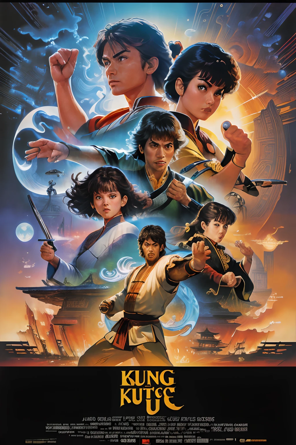 (Masterpiece, Highest Quality, Best Quality, Official Art, Beauty and Aesthetics :1.2), (Fractal Art :1.3), 80s movie poster, (Kung Fu :1.3), (80s :1.3), 1 man