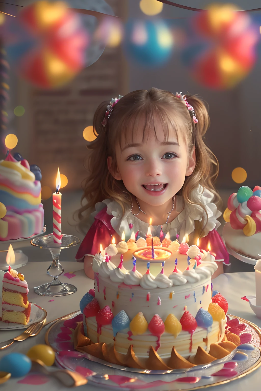 (Best quality,4K,8K,A high resolution,Masterpiece:1.2),Ultra-detailed,(Realistic,Photorealistic,photo-realistic:1.37),The birthday cake,Joyful,Magical atmosphere,Sweets and sweets,decorations,whipped cream,spilled,waxy candles,fire works,（Happy little girl，Face in Focus），Background bokeh