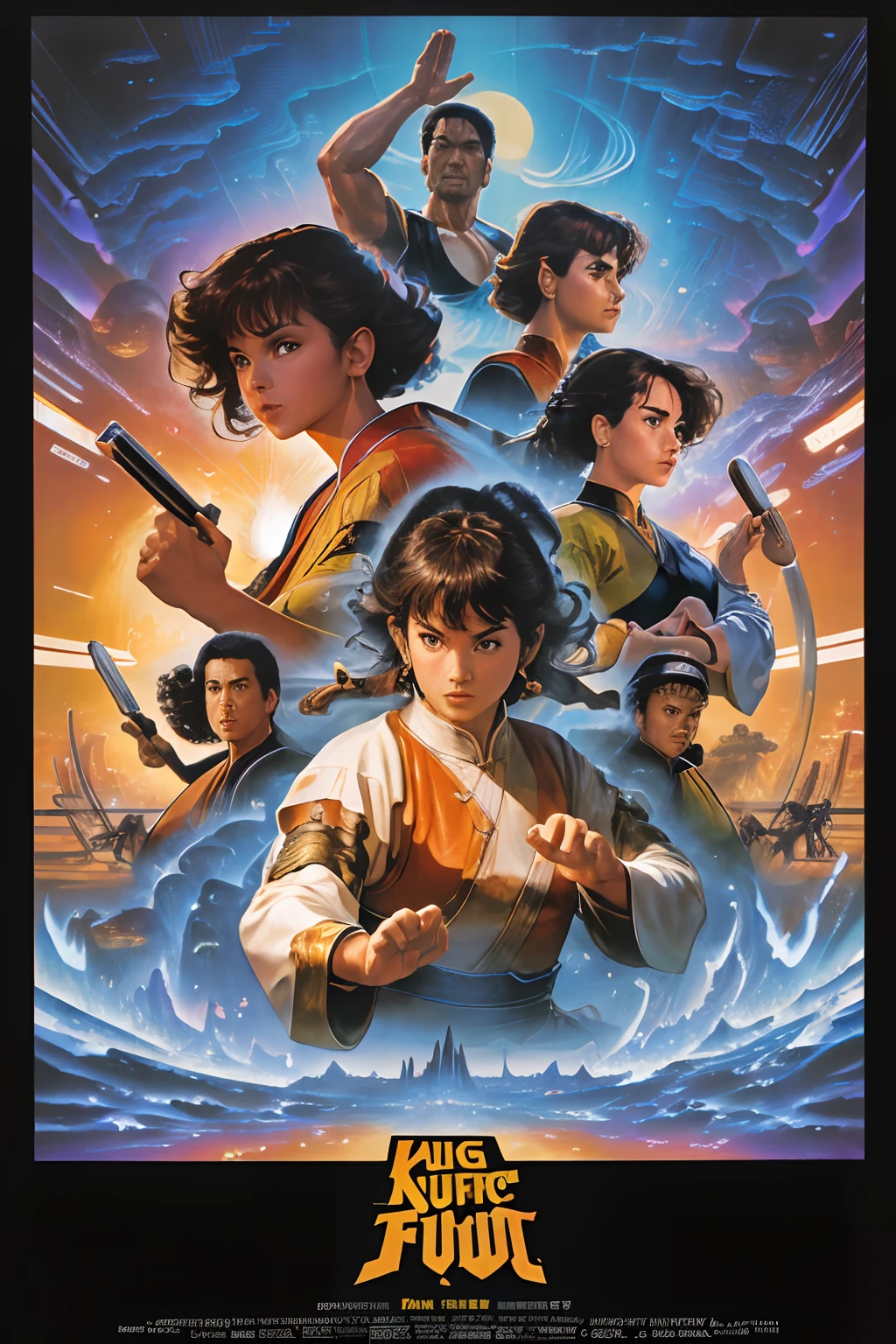 (Masterpiece, Highest Quality, Best Quality, Official Art, Beauty and Aesthetics :1.2), (Fractal Art :1.3), 80s movie poster, (Kung Fu :1.3), (80s :1.3), 1 man