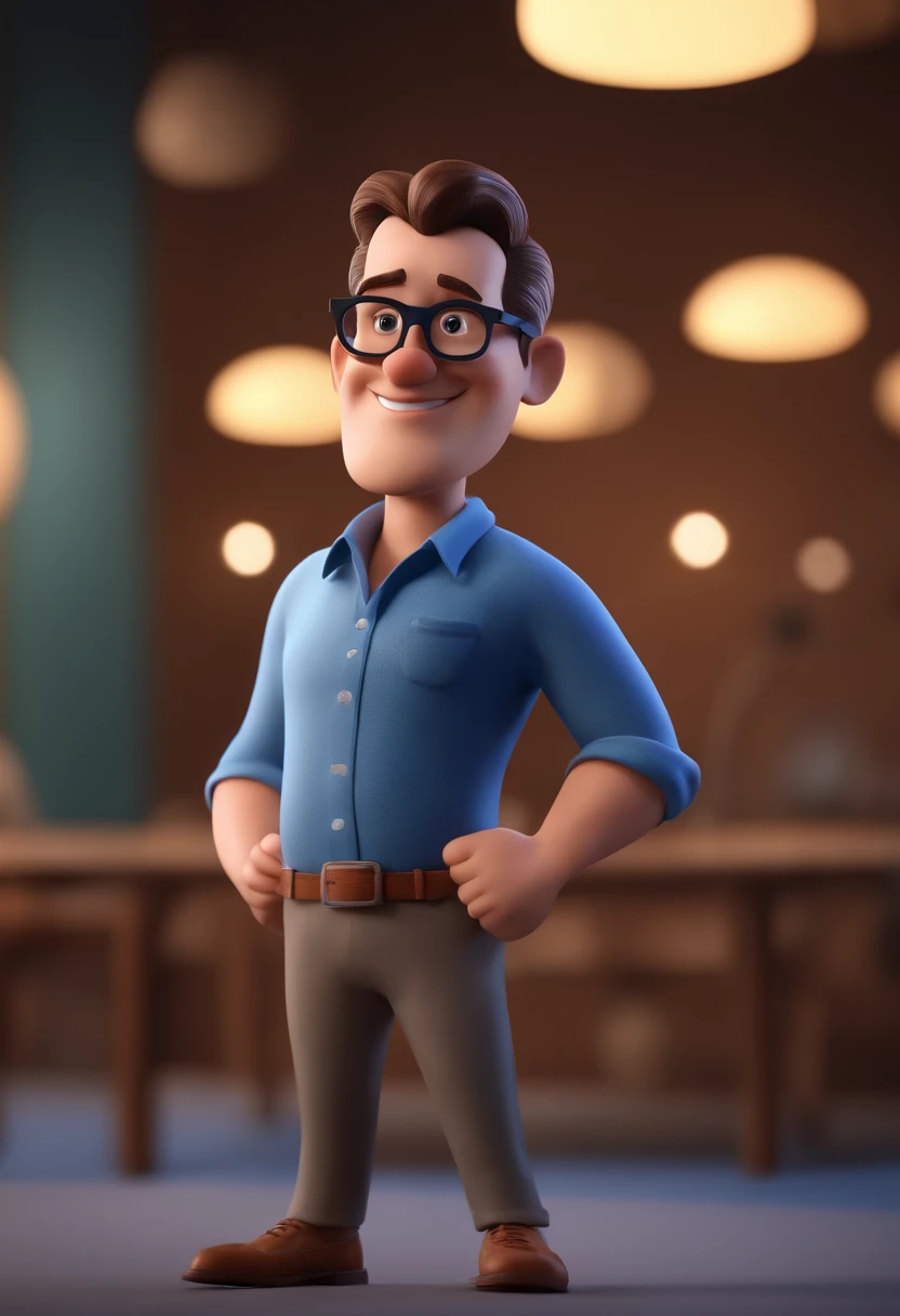 Cartoon character of a man with black glasses and a blue shirt, animation character, Caractere estilizado, animation style rendering, 3D estilizado, Arnold Maya render, 3 d render stylized, toon render keyshot, Personagem 3D, Personagem 3D, 3d rendering stylized, 3 d character render, personagem de desenho animado, Personagem de close up, Pose de personagem,  (Estilo Pixar) (master part:1.2) (Bokeh) (best quality) (pele detalhada) (textura detalhada) (8k) (argila) (Cinematic lighting) (foco nítido