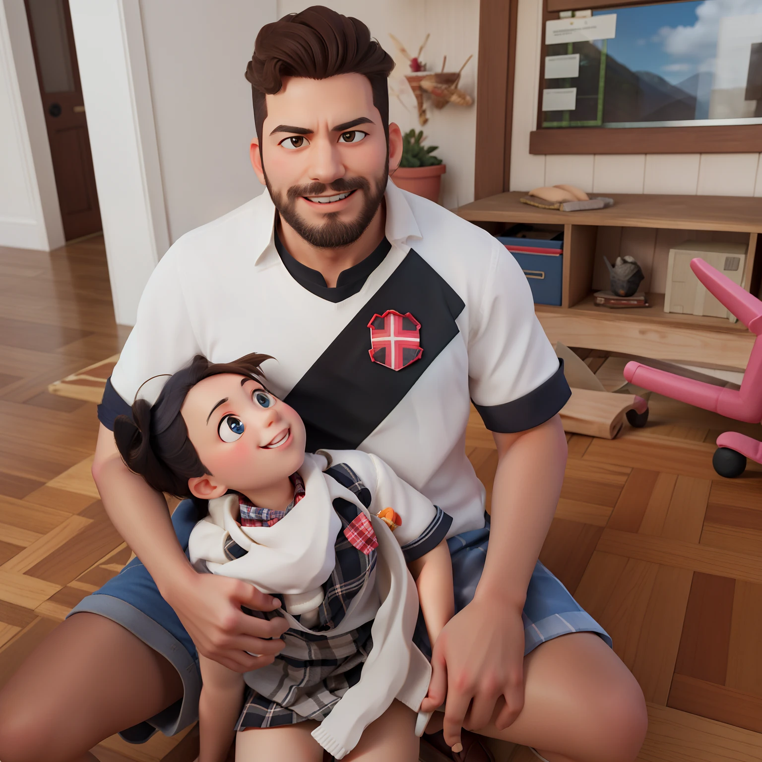 Create a Pixar-style movie poster with a black, muscular character, round face, black shaved hair, black eyes, black beard, square glasses with blue frames. He must have a black and white striped football team shirt in his hand, a white Xbox One controller, sitting on a gray sofa. On the sofa there should be a 3-year-old girl with long hair and black eyes hugging the character and a bald baby boy.