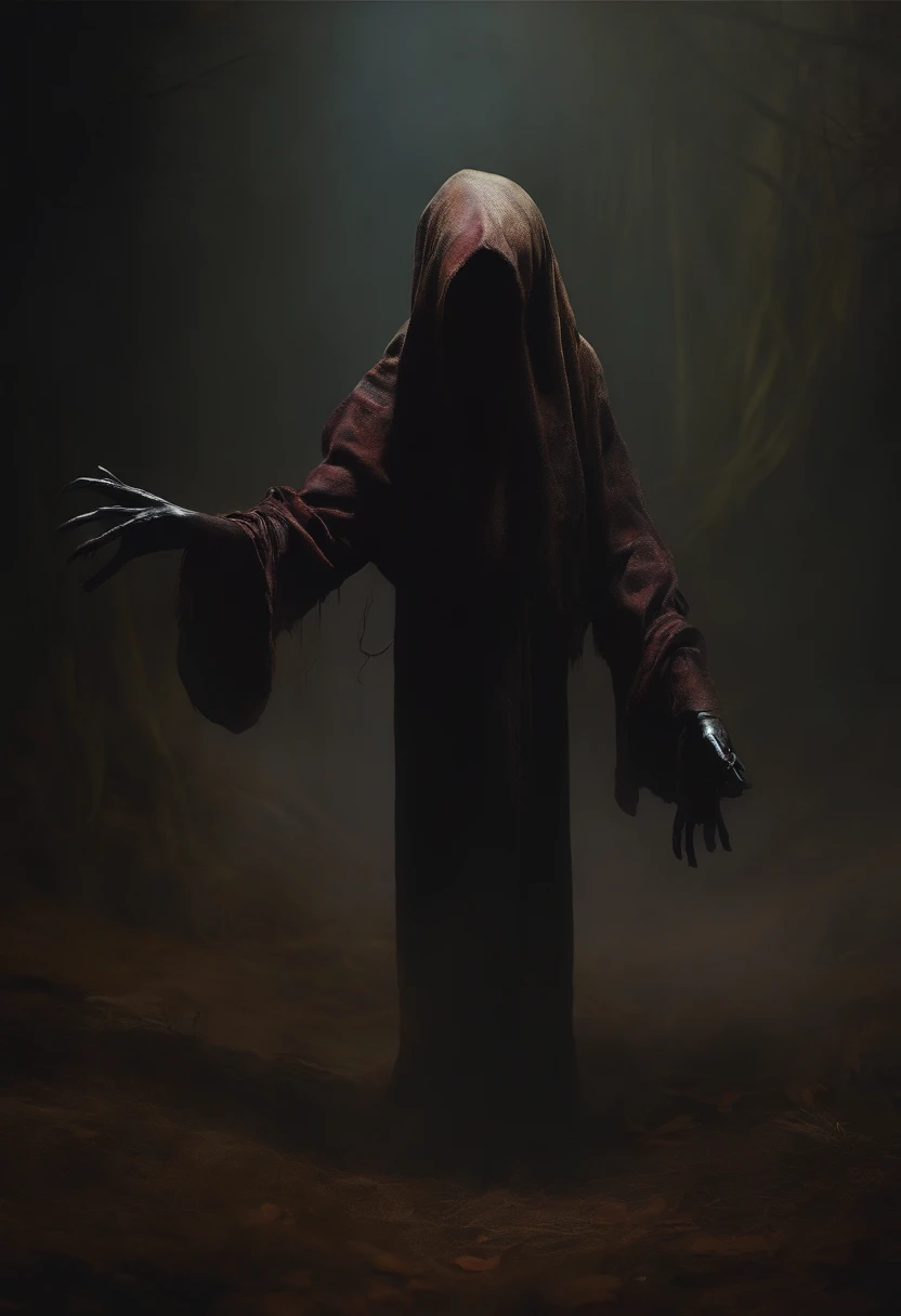 painting of a faceless puppet, horror, dark colors, creepy,epic scenes ,shock horror art, with elongated arms and legs