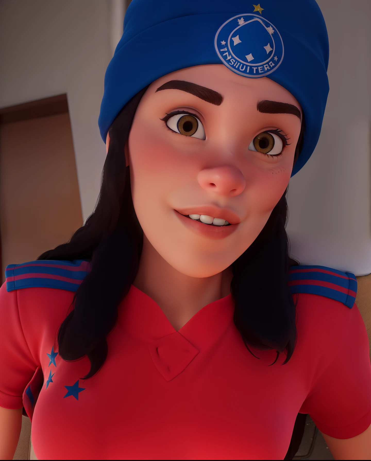Obra-prima, de melhor qualidade, uma mulher de touca azul, vestindo uma camisa rosa do Cruzeiro, time brasileiro.