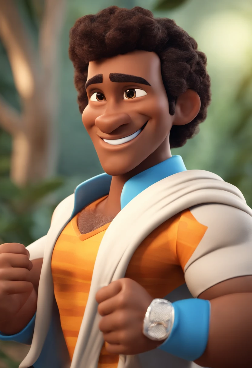 Personagem de desenho animado de um homem pele morena careca sobracelhas grossas e sorriso largouma camisa azul, um personagem animado, Caractere estilizado, animation style rendering, 3D estilizado, Arnold Maya render, 3 d render stylized, toon render keyshot, Personagem 3D, Personagem 3D, 3d rendering stylized, 3 d character render, personagem de desenho animado, Personagem de close up, Pose de personagem, (Estilo Pixar) (master part:1.2) (Bokeh) (best quality) (pele detalhada) (textura detalhada) (8k) (argila) (Cinematic lighting) (foco nítido,Senta e vaza a parte superior do corpo