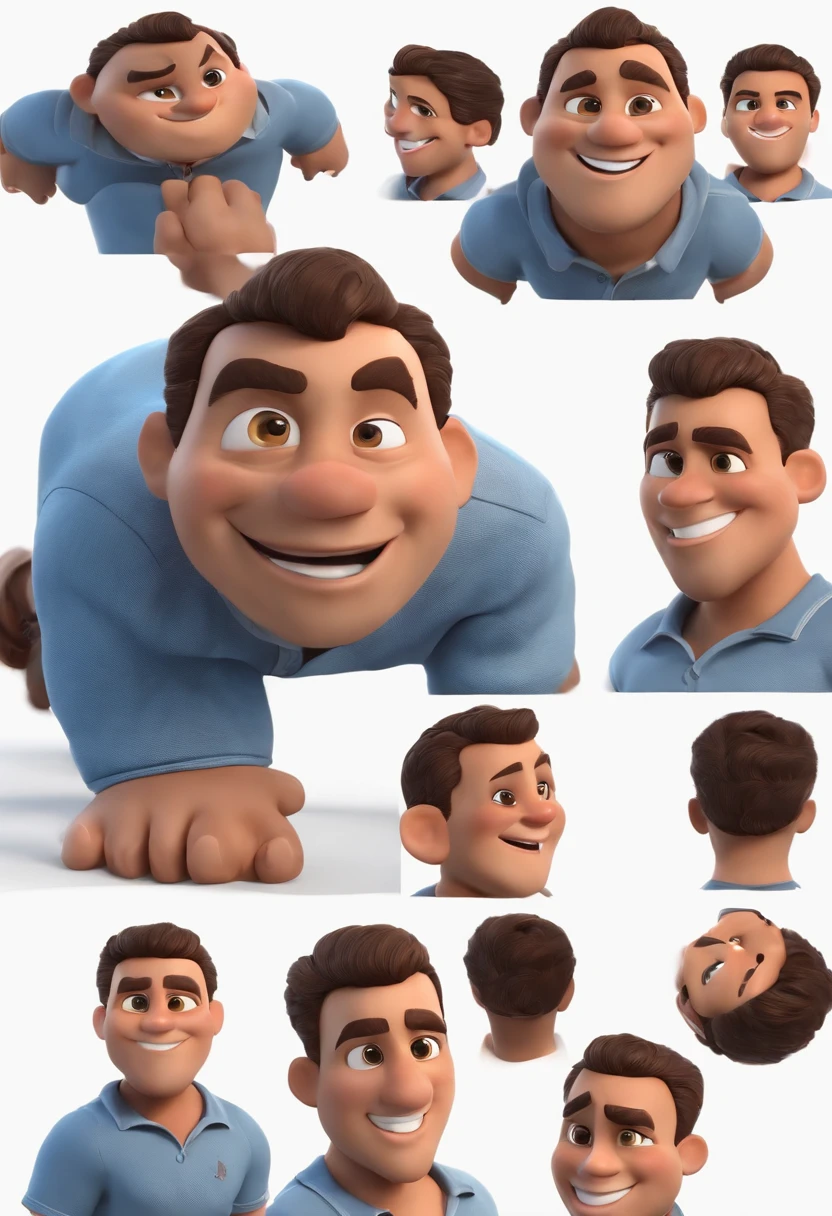 Personagem de desenho animado de um homem pele morena careca sobracelhas grossas e sorriso largouma camisa azul, um personagem animado, Caractere estilizado, animation style rendering, 3D estilizado, Arnold Maya render, 3 d render stylized, toon render keyshot, Personagem 3D, Personagem 3D, 3d rendering stylized, 3 d character render, personagem de desenho animado, Personagem de close up, Pose de personagem, (Estilo Pixar) (master part:1.2) (Bokeh) (best quality) (pele detalhada) (textura detalhada) (8k) (argila) (Cinematic lighting) (foco nítido,Senta e vaza a parte superior do corpo