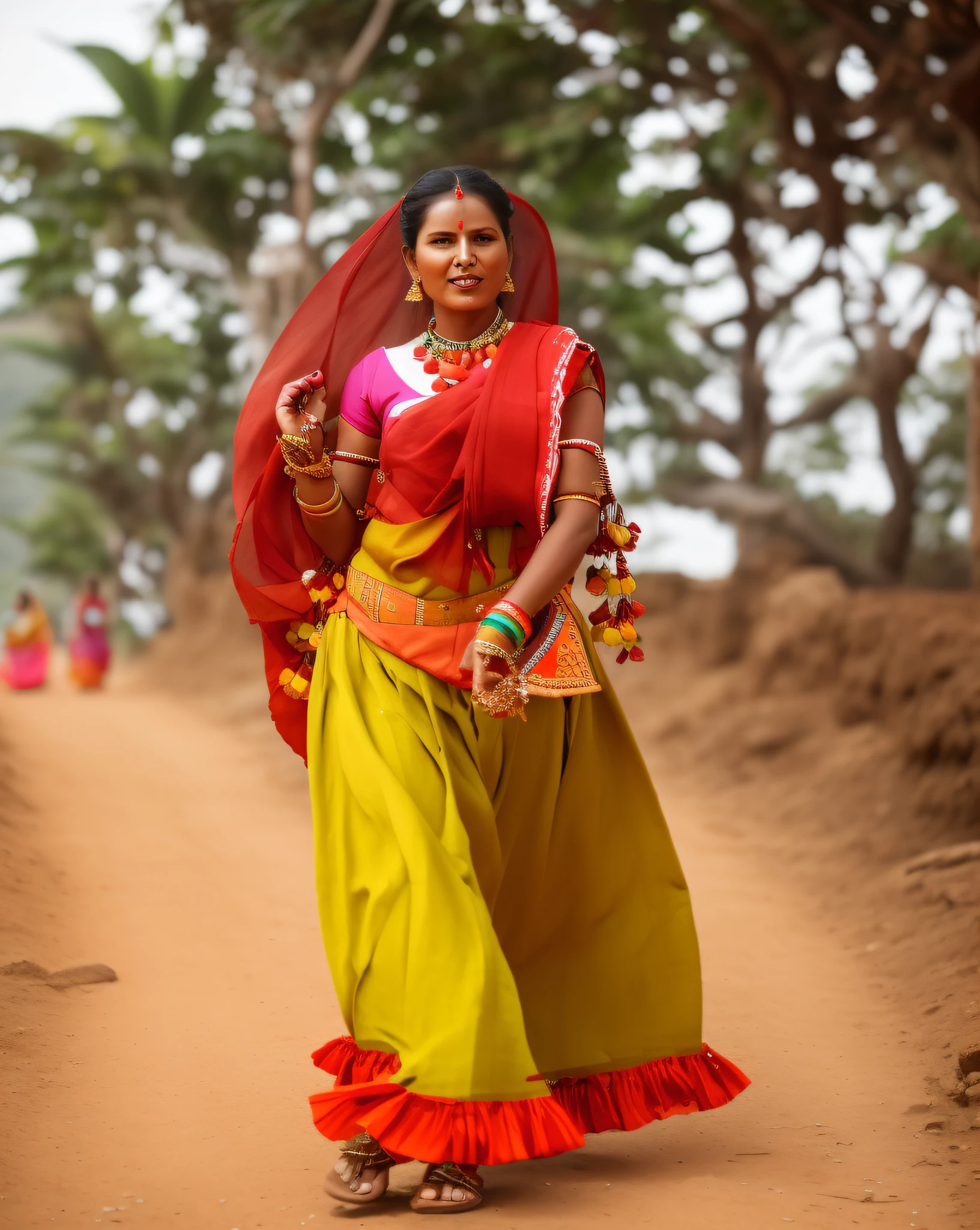 araffe woman in a colorful outfit walking down a dirt road, wearing an elegant tribal outfit, dressed in long fluent skirt, very beautiful enga style, traditional beauty, traditional dress, traditional clothing, wearing traditional garb, traditional clothes, traditional costume, wearing bihu dress mekhela sador, indian style, photo taken with nikon d 7 5 0