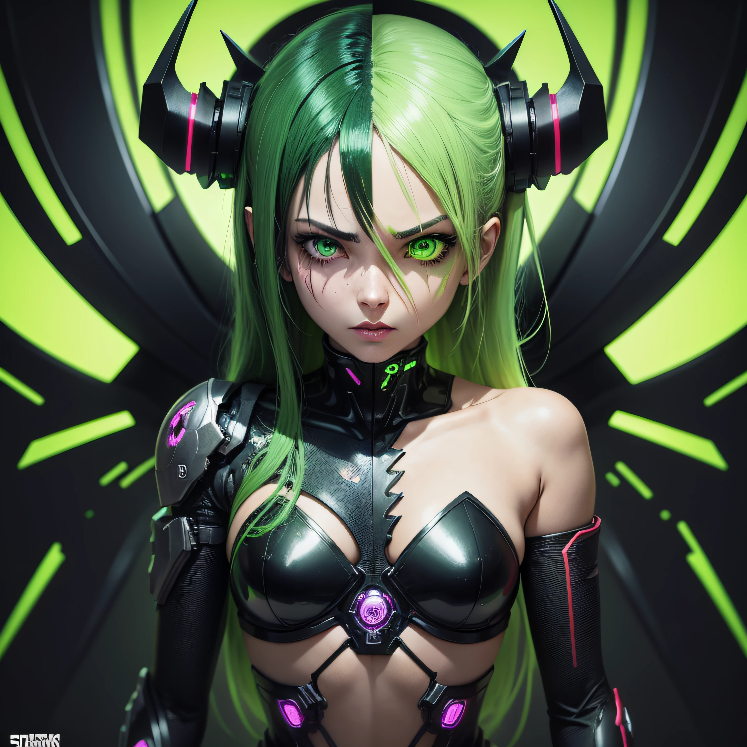 anime brazilian brain sick horror cover cyborg half demon creative background with neon green colors