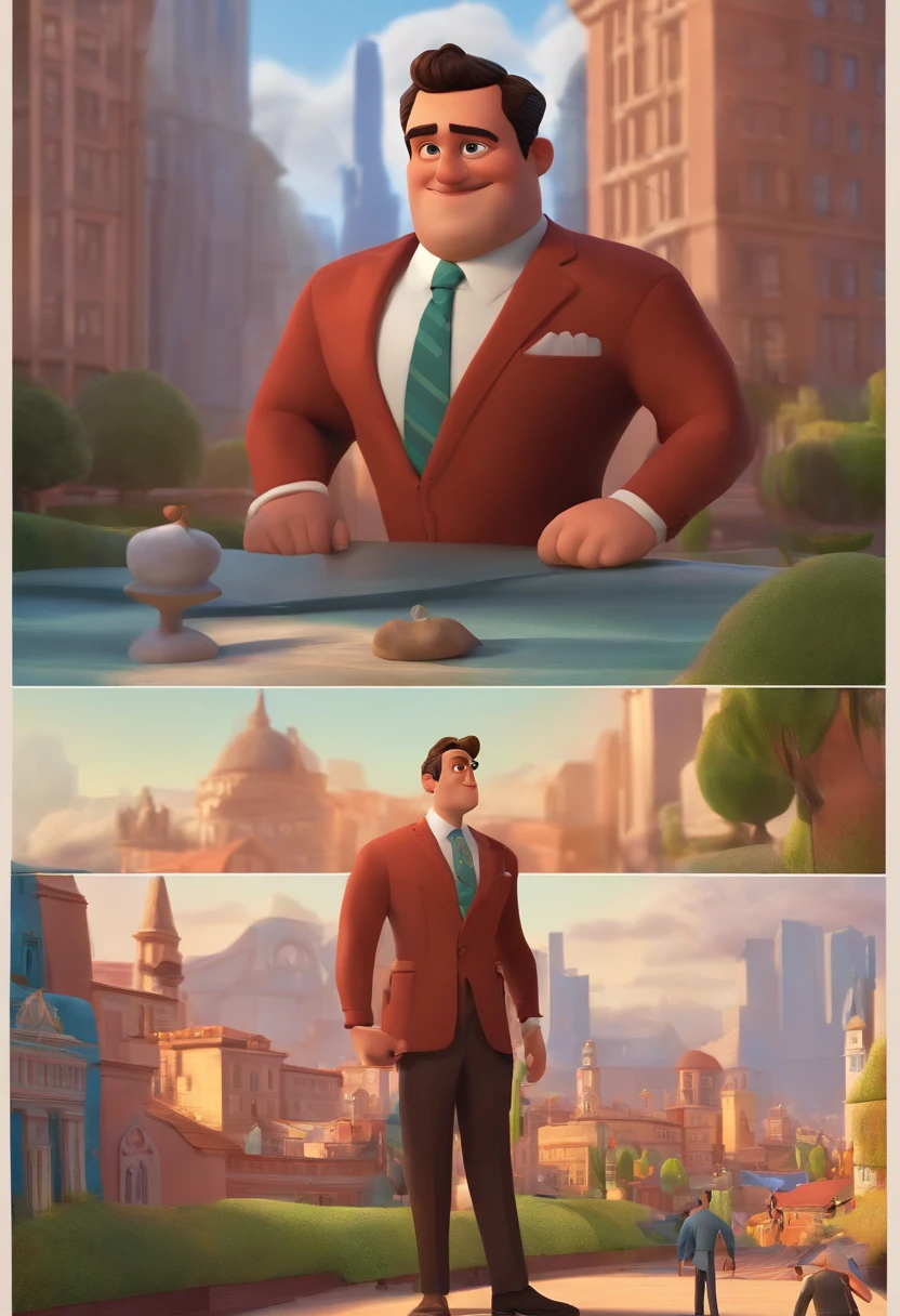 A city councilman looking at a dream project inspired by Pixar animation, de perto. The character takes center stage with captivating facial expressions, oferecendo um toque de irrealidade