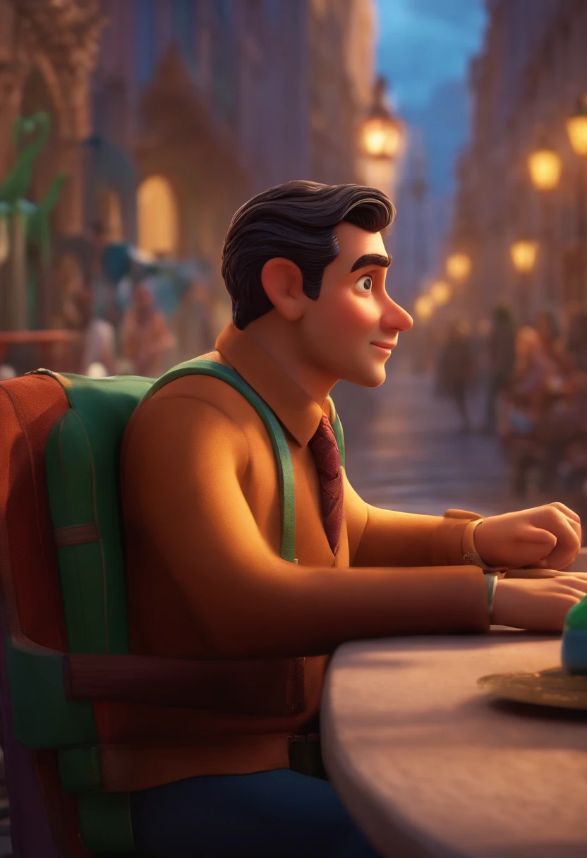 A city councilman looking at a dream project inspired by Pixar animation, de perto. The character takes center stage with captivating facial expressions, oferecendo um toque de irrealidade