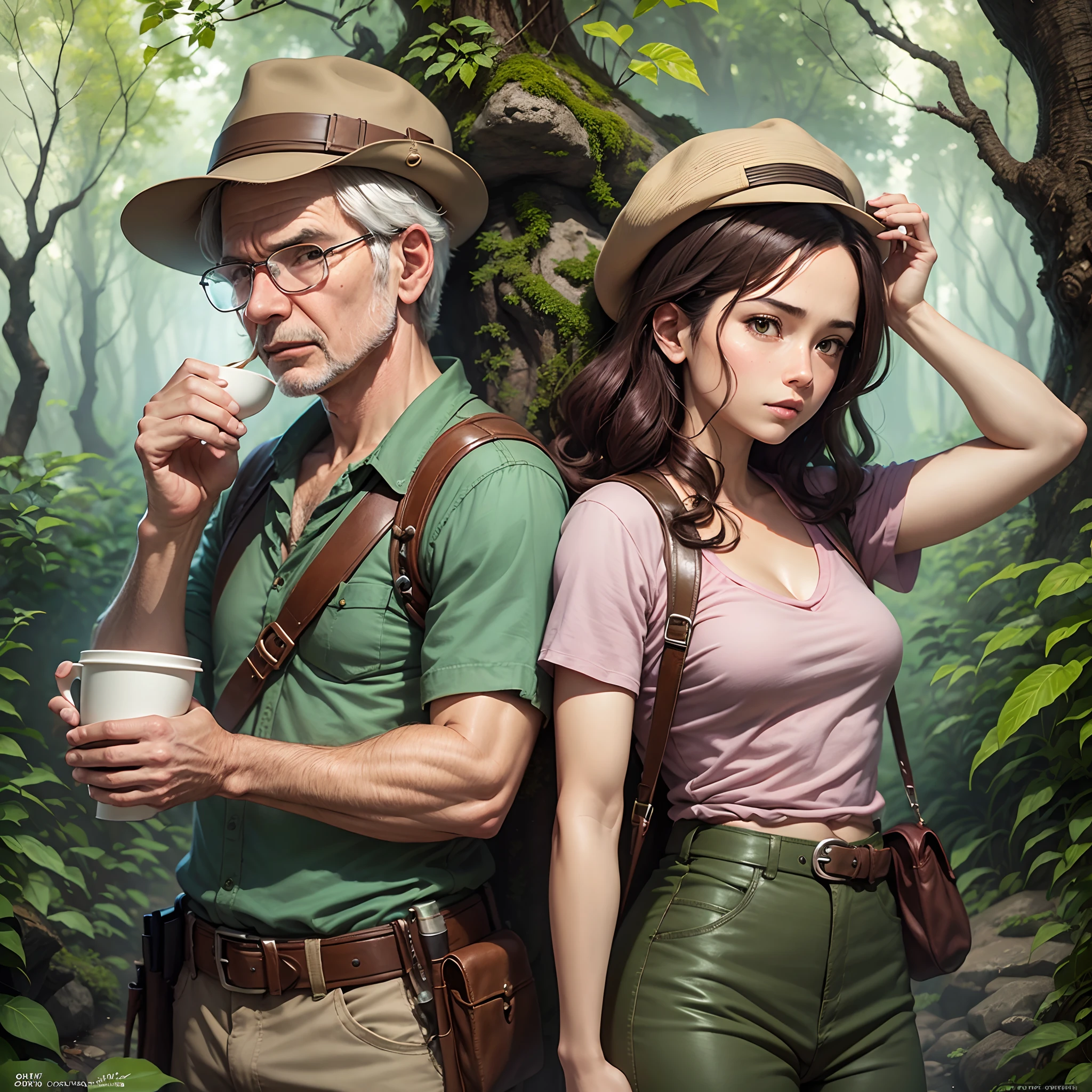 cinematic scene, Hero's View, Indiana Jones and Lara Croft Action Poseimagen de Indiana Jones (Harrison Ford)Enjoying coffee an archaeological tomb (agrega tesoros) con una cascada y una selva de fondo. Apply super realism, 4K resolution, 8K and highest quality. Antecedentes detallados, Obra maestra, La mejor calidad, alta calidad, Altas Resoluciones, absurdos, (Estilo Studio Ghibli, Arte de Hayao Miyazaki:1. --auto --s2