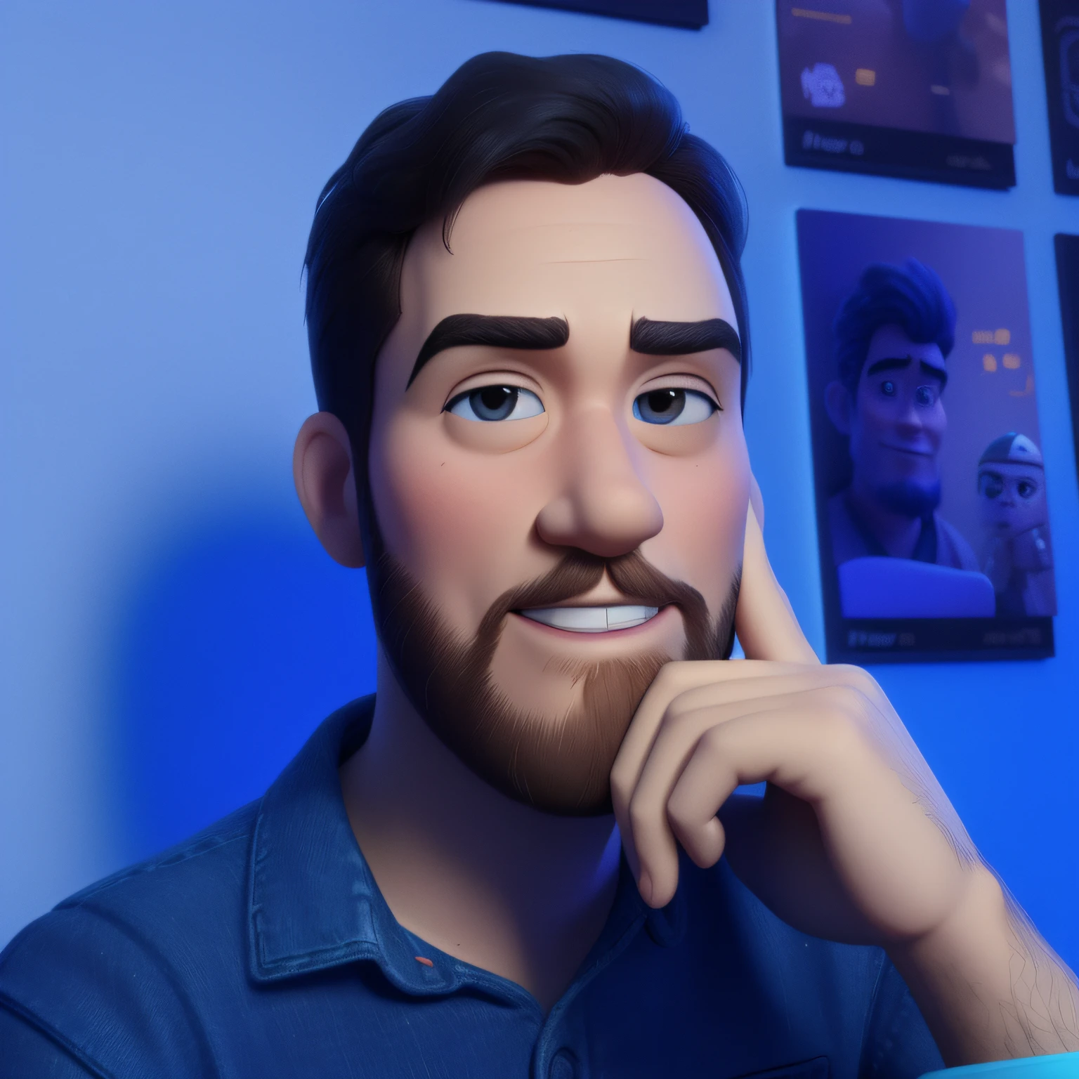 In a 3D style Disney Pixar caracter animated like Toy Story, of a bearded man smilling with blue denim shirt, black eyebrows and hair, brown eyes, hand on pensive face, background wall with star wars porteres em blue neon light
