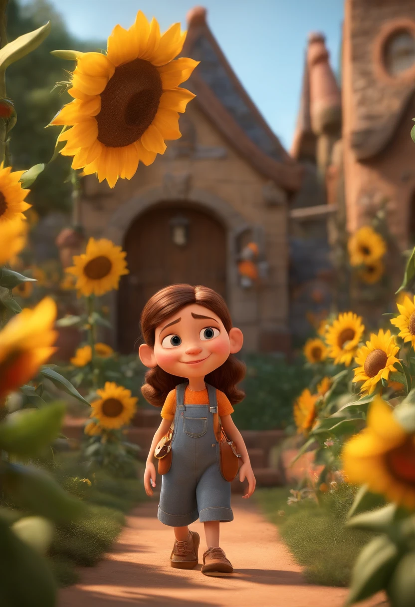 Create a Disney PIXAR-style 3D poster. ((centro da imagem, Triplets)), ((3 children)) ((1 menino no meio e 2 meninas ao lado, They're hugging each other, O menino tem pele castanha e cabelos castanhos escuros e olhos castanhos escuros, 1 menina tem pele clara, olhos e cabelos escuros e cacheados, e a outra menina tem pele morena, olhos escuros e cabelos escuros e lisos)) ((tudo isso no estilo Disney PIXAR 3D, In the background, A house of sunflowers, Gloria Studio, The garden is full of nature 3D render RTX clay material, estilo de design cartunesco, POP Mart, soft lighting, linhas suaves, Spring tilt, Detailed illustrations of PIXAR 3D, Detalhes hiper-realistas, cor quente no estilo Disney PIXAR 3D))