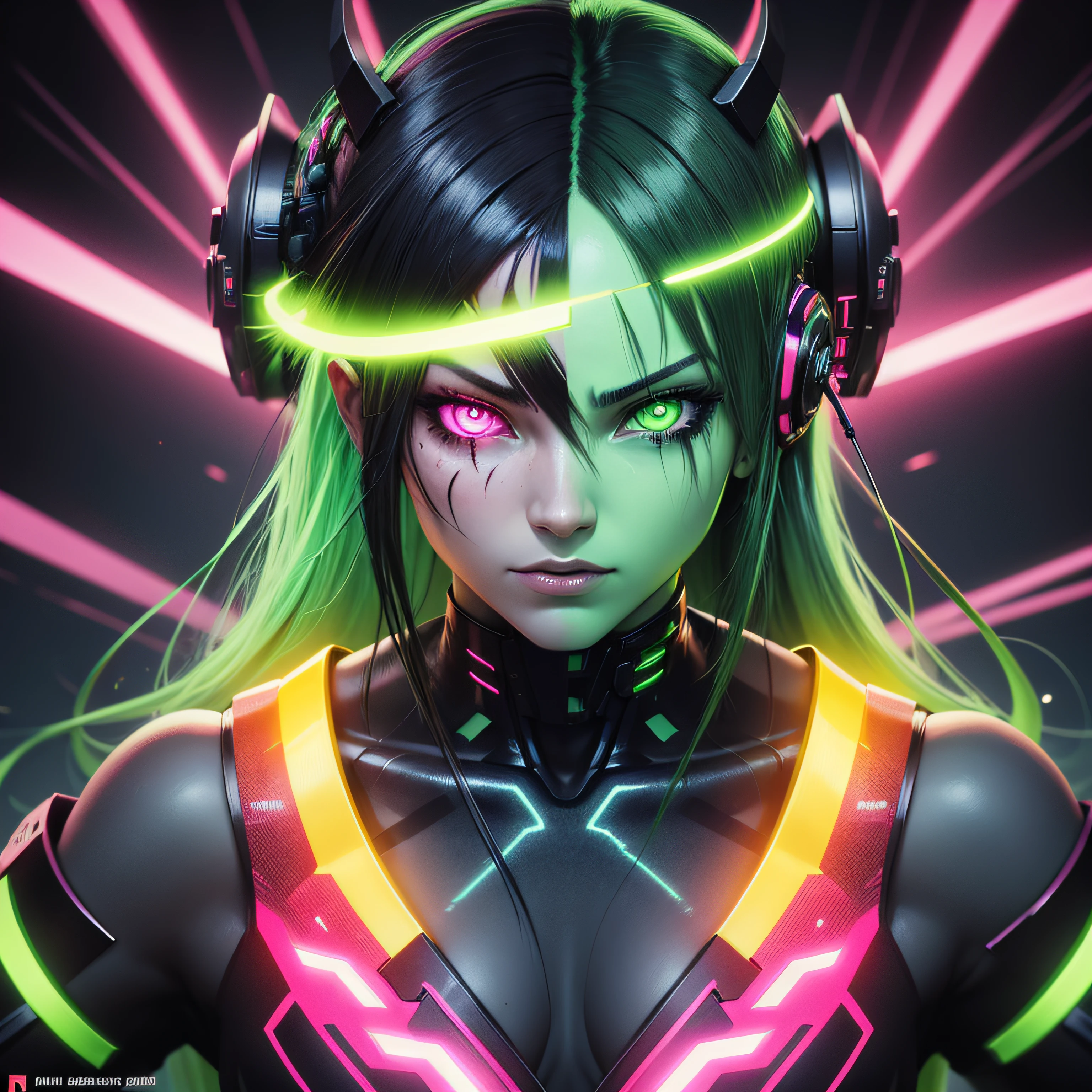 anime brazilian brain sick horror cover cyborg half demon creative background with neon green colors