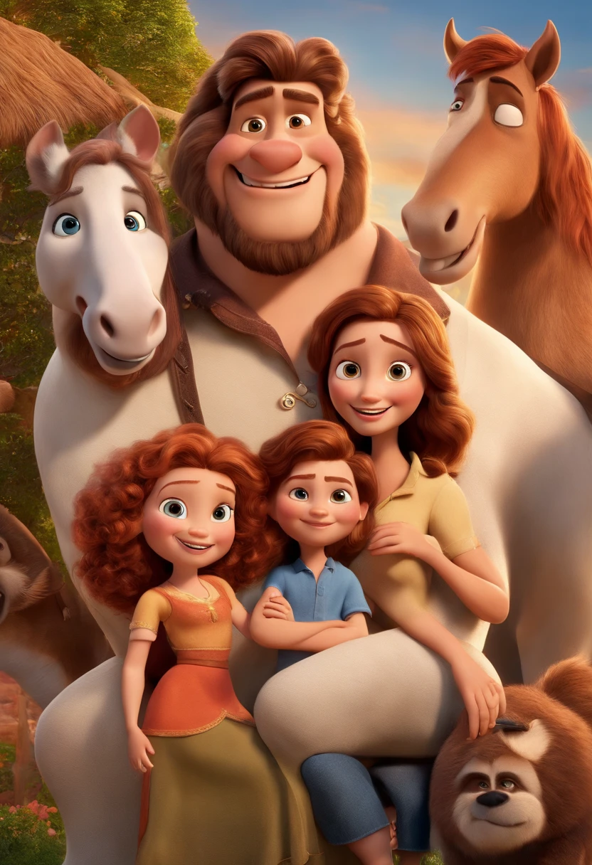 a Disney Pixar movie poster showing a white-skinned family. The father is the tallest, Tem barba curta, loiro, cabelos curtos e espinhosos. The mother has brown eyes and hair, shoulder-length and is slightly overweight. A menina tem 4 anos e cabelos castanhos, roupa rosa e rabos de cavalo. The background is a beach garden. 3D-rendering