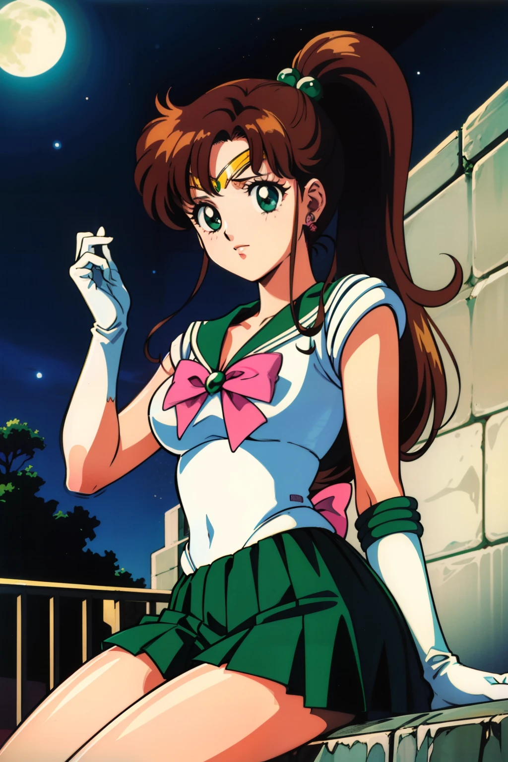 best quality, high resolution, 1990s \(style\), retro artstyle, 1990s anime cels style, night, sailor jupiter, sitting, sailor senshi uniform, medium breasts, green sailor color, white gloves, green pleated skirt, pink ribbon, ponytail, (clothed:1.3), jewelry, earring