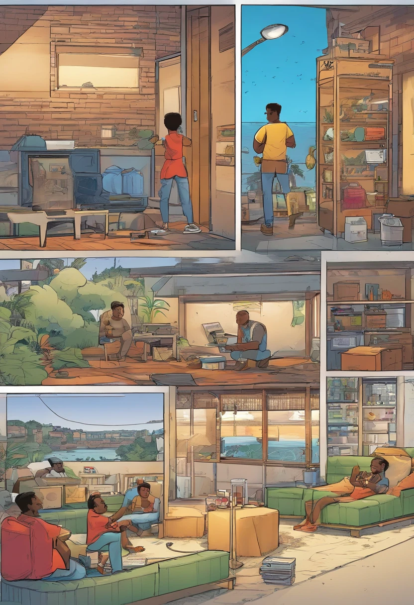 Quadrinhos americanos, The comic is presented in several irregular panels with colors. Team of air conditioning maintenance technicians doing maintenance in several residences in african city