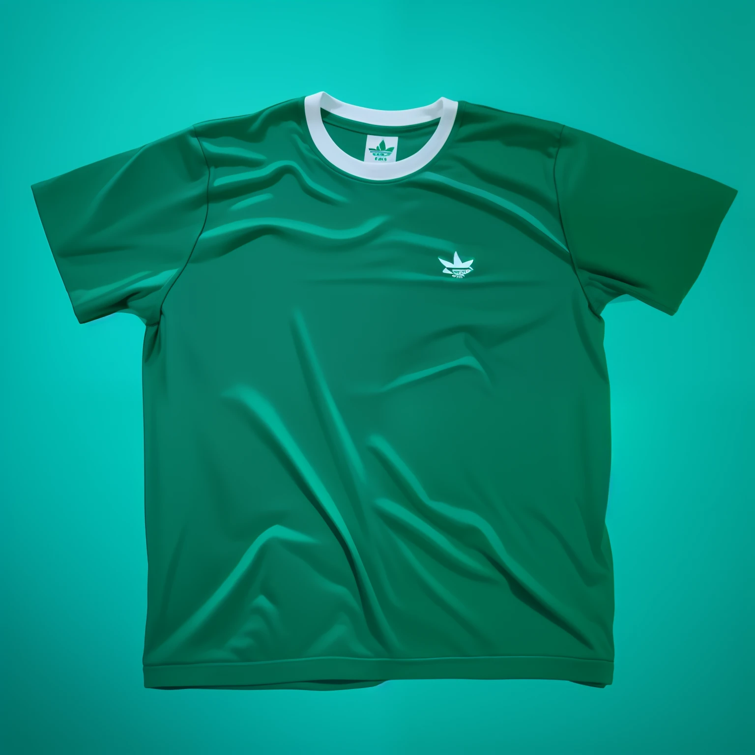 Imagem ultra realista, um close up de uma camisa verde,  com um colarinho branco, camisa verde, usando roupas adidas, y2k", roupas verdes, camiseta esportiva, Adidas, roupas verdes casuais, roupas verdes, trending on r/streetwear, verde floresta, Camiseta, full medium shot, in a medium full shot, Camiseta!!, mangas curtas