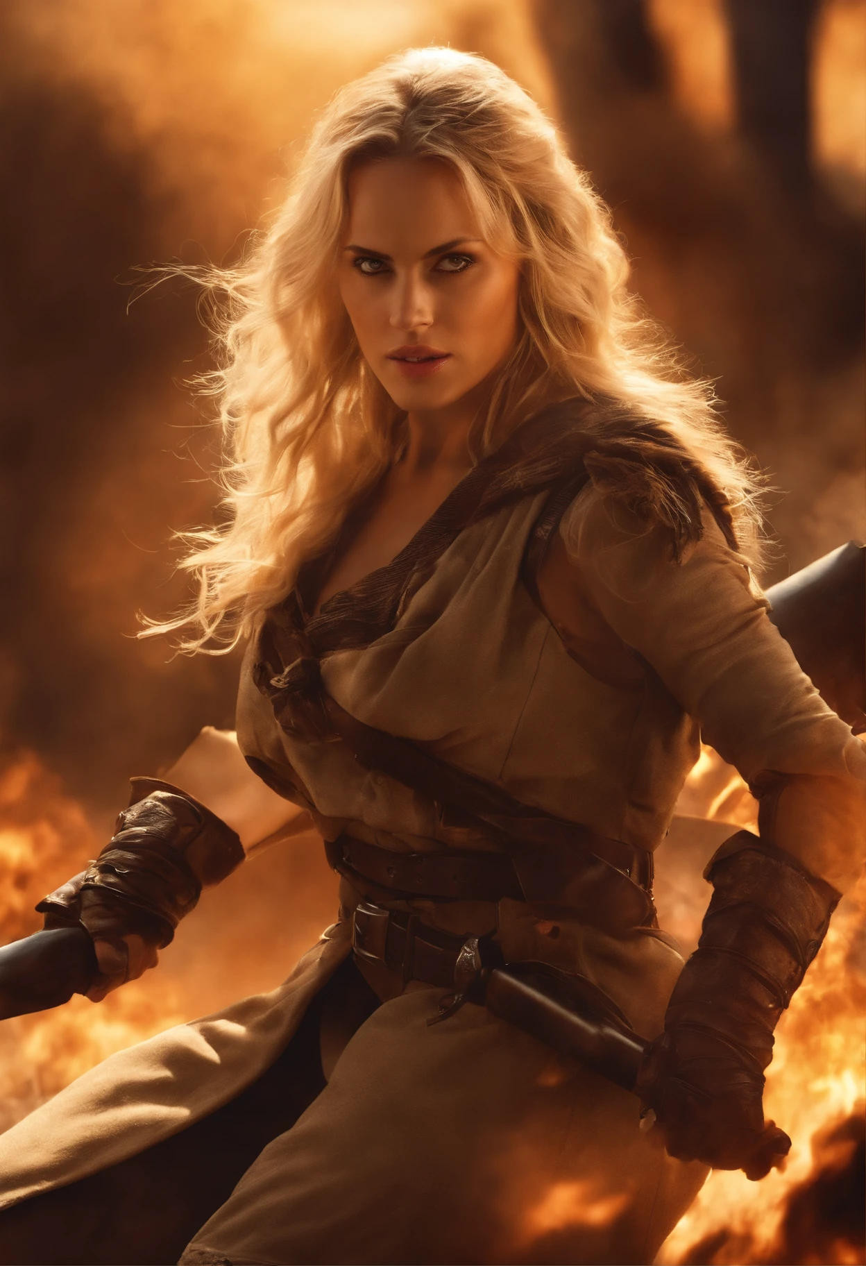 (master part:1.5), (melhor qualidade), (altamente detalhado), (ultra-detalhado), (1girl:1.2), (corpo inteiro:1.2), (Rapariga), (blonde hair), (weapon in hand), (cena de batalha de guerra), (Atmosfera sangrenta), (smoke billowing), (fire), (corpses), (Chaotic background), (Explosions), (roupas rasgadas), (Determined expression), (suor e sujeira), (ferido), (dynamic pose), (armadura quebrada), (paisagem queimada), (postura de luta), (detritos fumegantes), (Chamas:1.3), (gritos de guerra), (sons de guerra:1.1)