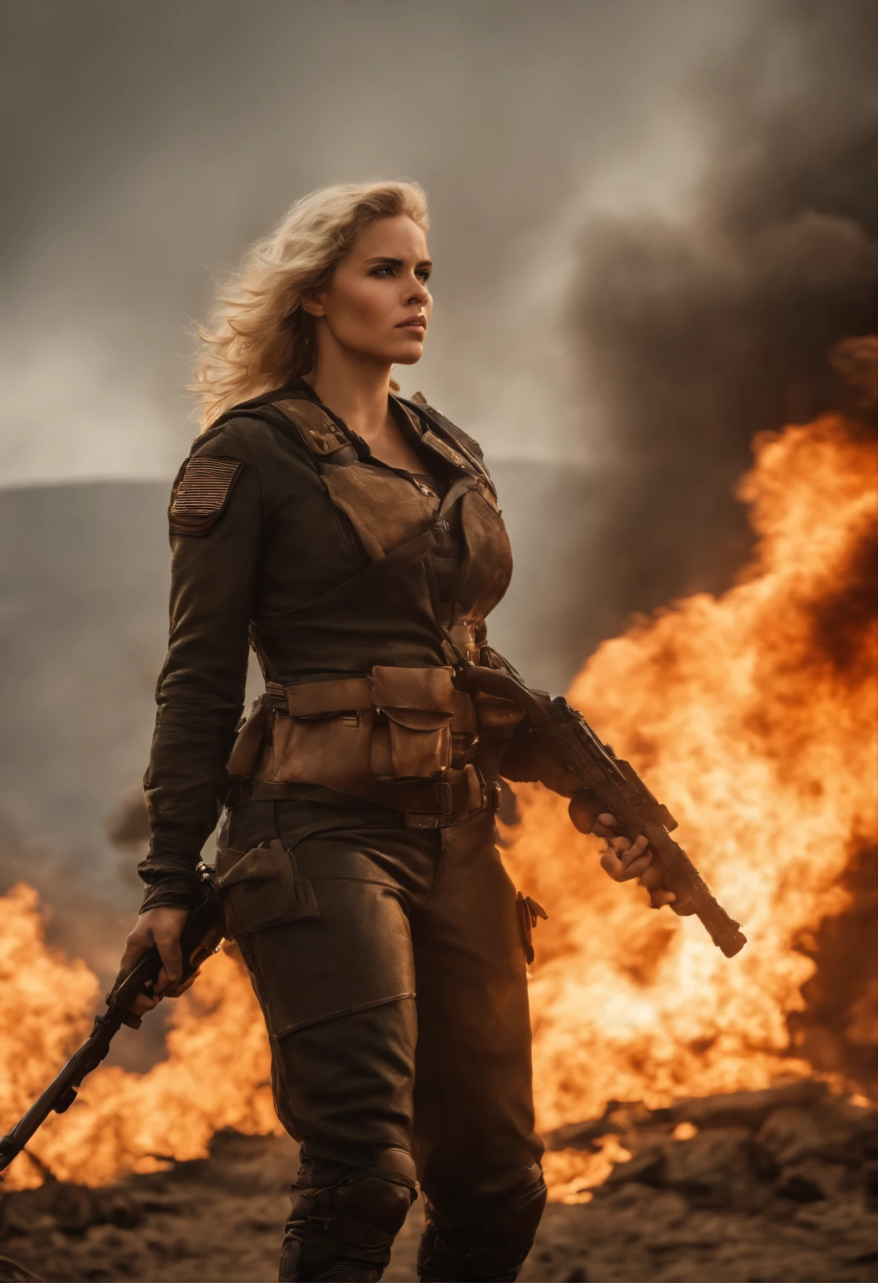 (master part:1.5), (melhor qualidade), (altamente detalhado), (ultra-detalhado), (1girl:1.2), (corpo inteiro:1.2), (Rapariga), (blonde hair), (weapon in hand), (cena de batalha de guerra), (Atmosfera sangrenta), (smoke billowing), (fire), (corpses), (Chaotic background), (Explosions), (roupas rasgadas), (Determined expression), (suor e sujeira), (ferido), (dynamic pose), (armadura quebrada), (paisagem queimada), (postura de luta), (detritos fumegantes), (Chamas:1.3), (gritos de guerra), (sons de guerra:1.1)