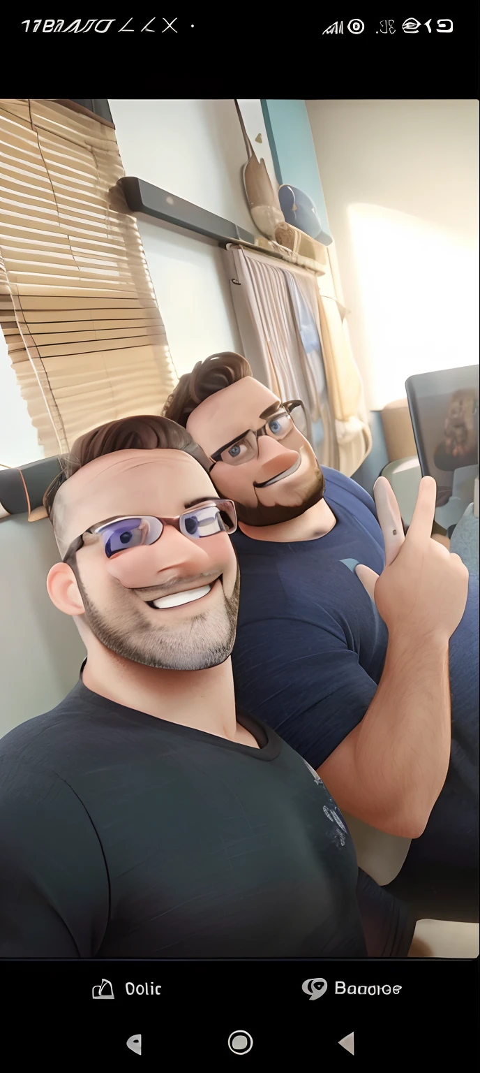 Two friends with beards and one with Disney Pixar glasses